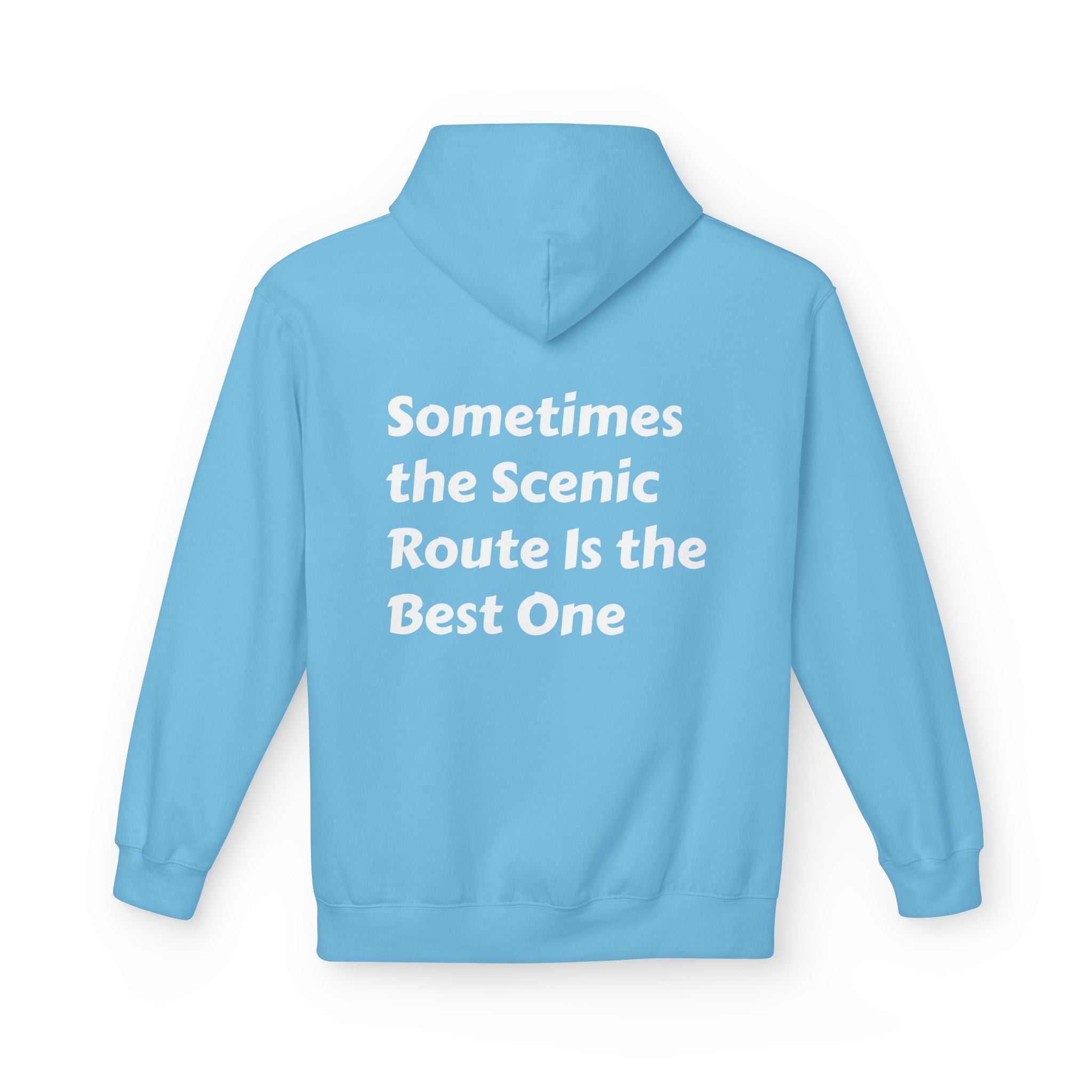 Light blue inspirational travel hoodie with "Sometimes the Scenic Route Is the Best One" text on the back, cozy midweight fleece, relaxed fit, and pouch pocket