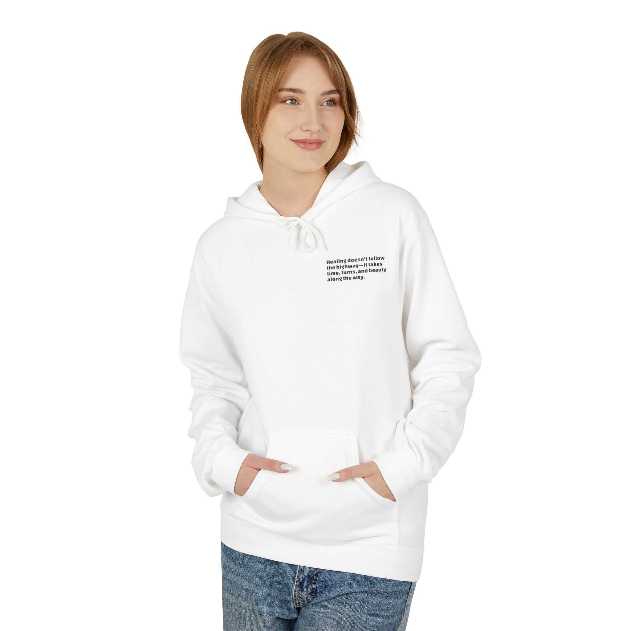 woman wearing white Inspirational travel hoodie with pouch pocket and text print on chest