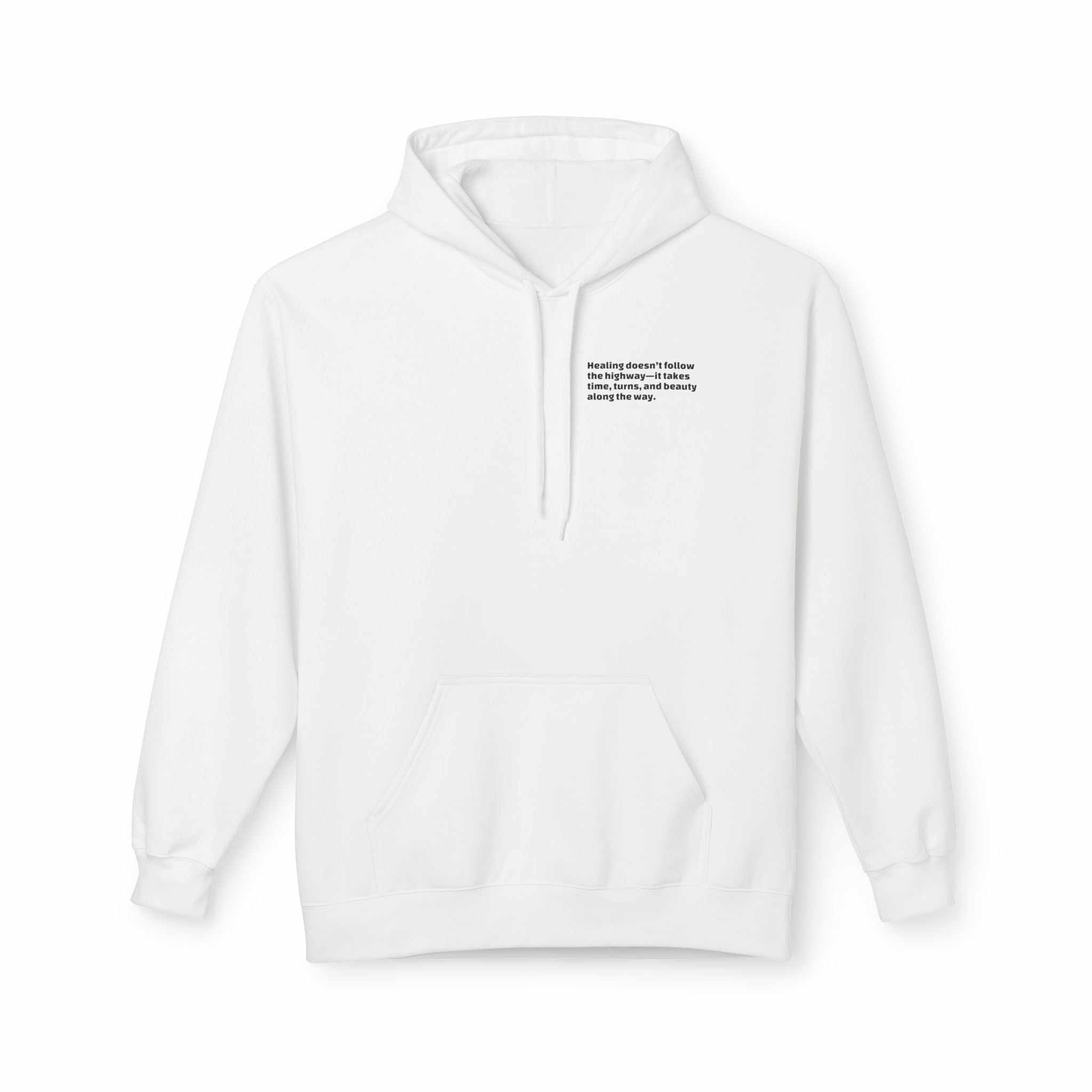 white unisex Inspirational travel hoodie with front pouch pocket and motivational text on chest