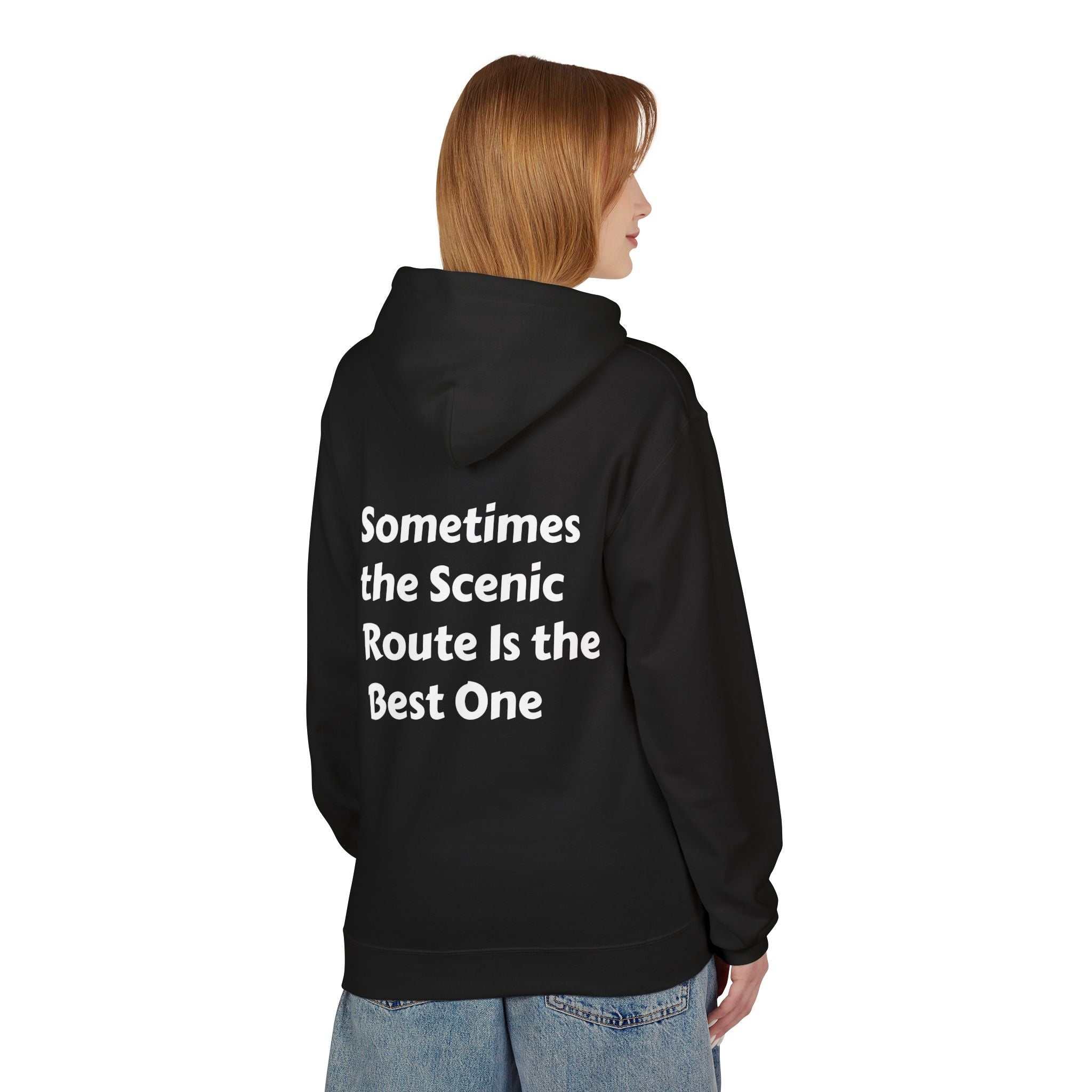 Inspirational travel hoodie black with white scenic route quote on back, unisex cozy fleece design