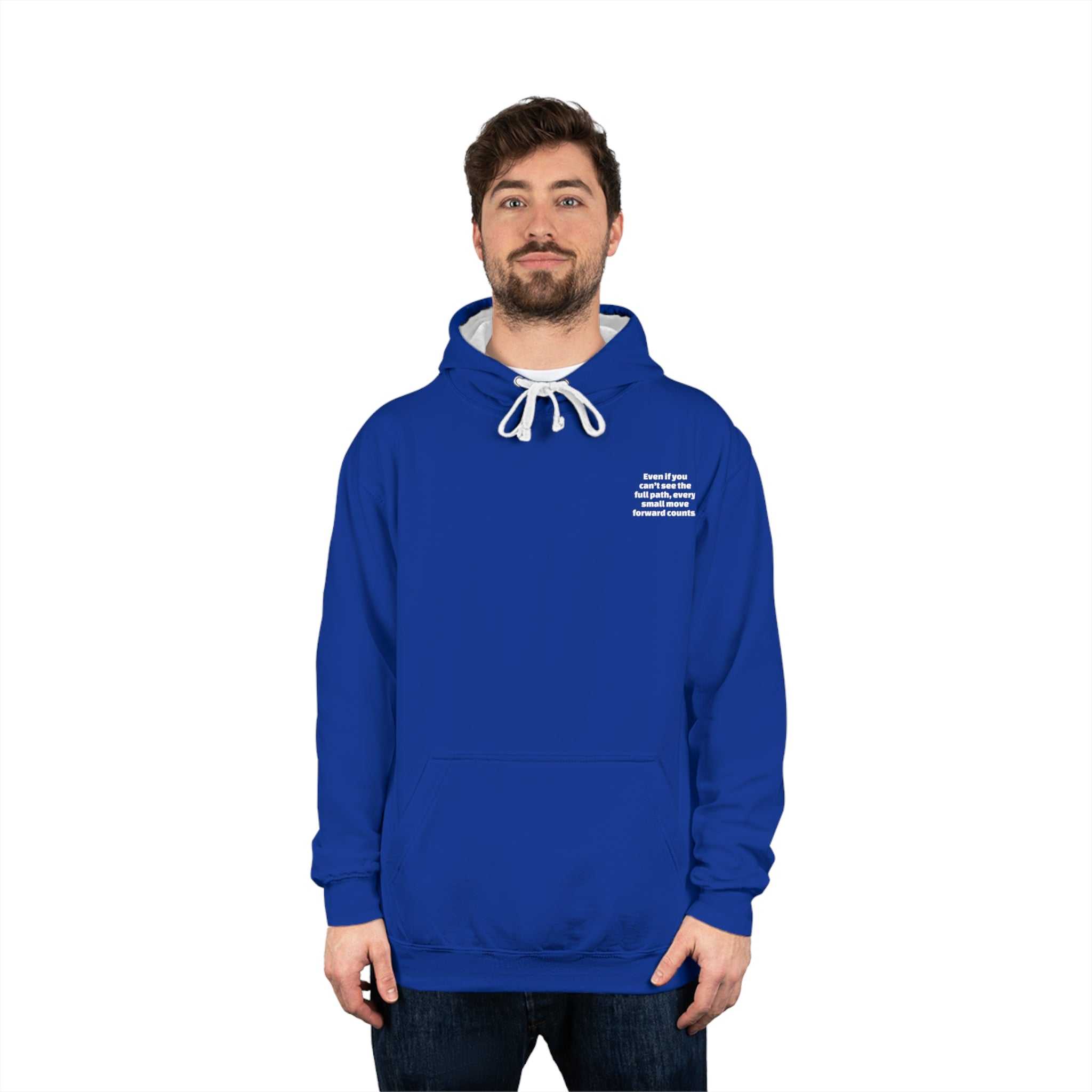 Man wearing blue inspirational motivational varsity hoodie with white drawstring and kangaroo pocket