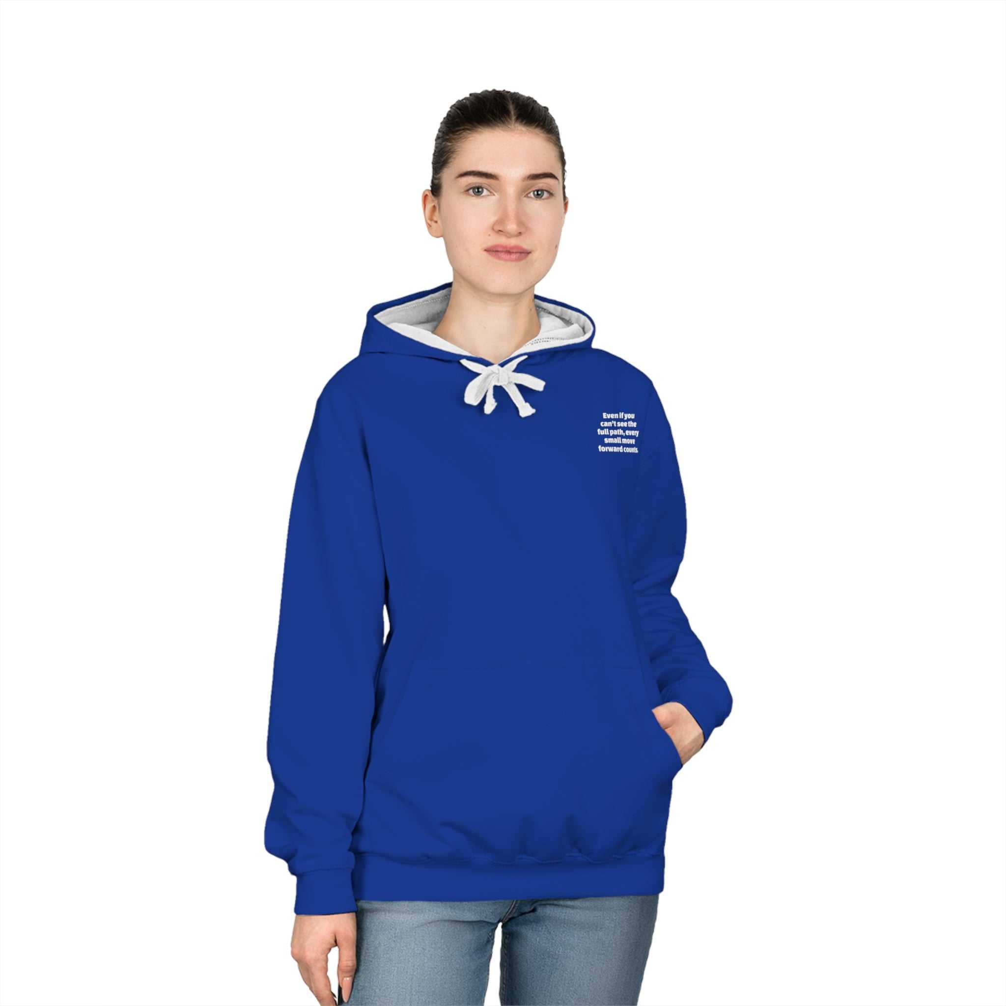 Inspirational motivational varsity hoodie unisex blue casual sporty style with contrast hood and kangaroo pocket
