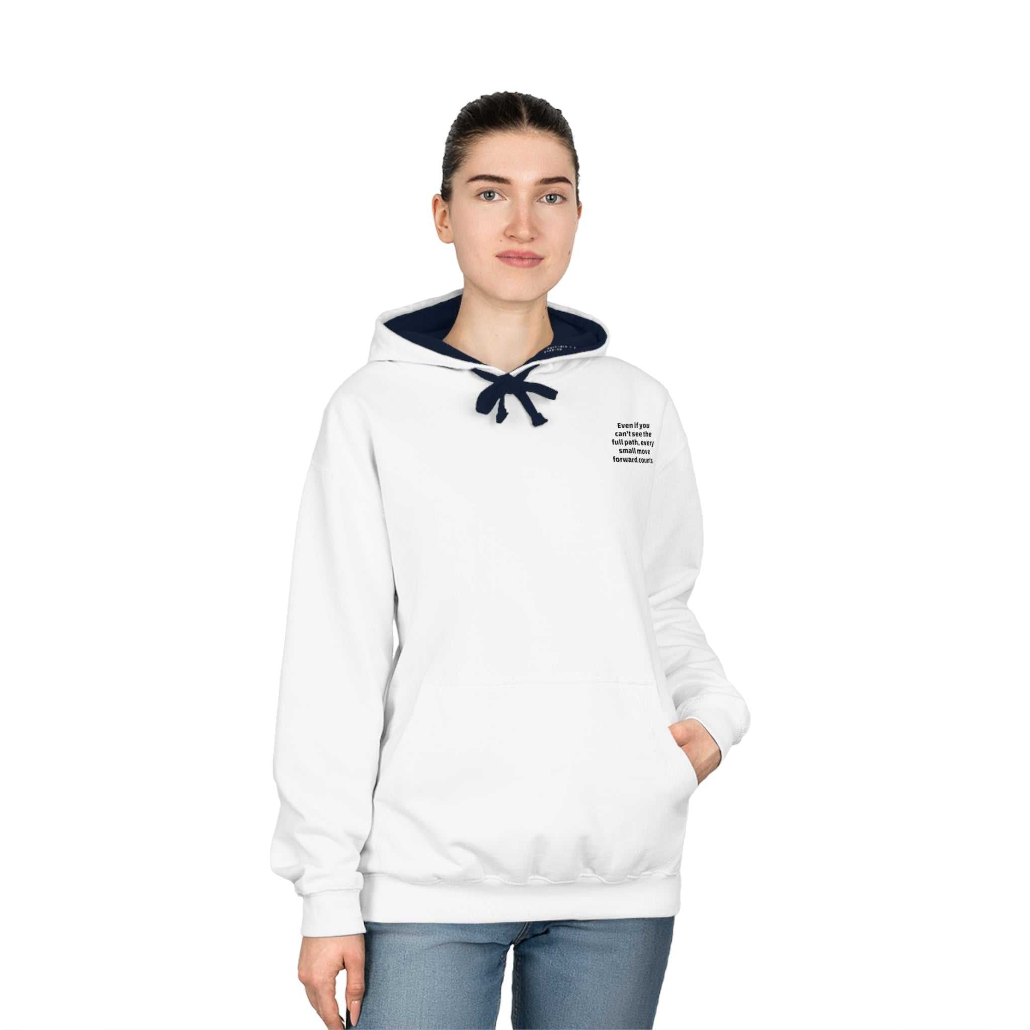 woman wearing white Inspirational Motivational Varsity Hoodie with navy hood and kangaroo pocket
