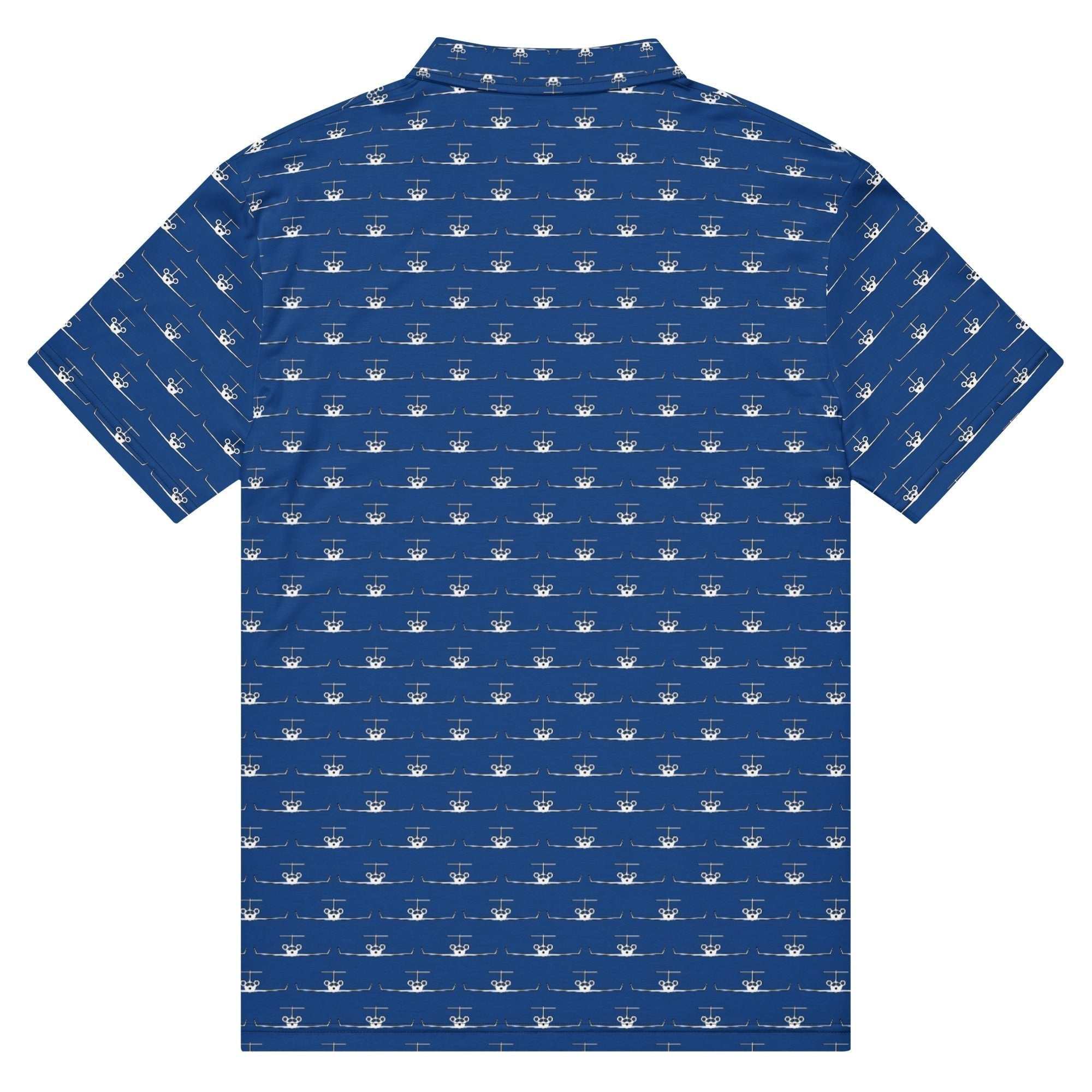 Back view of Jet Pilot polo shirt in blue with white jet pilot pattern and classic collar