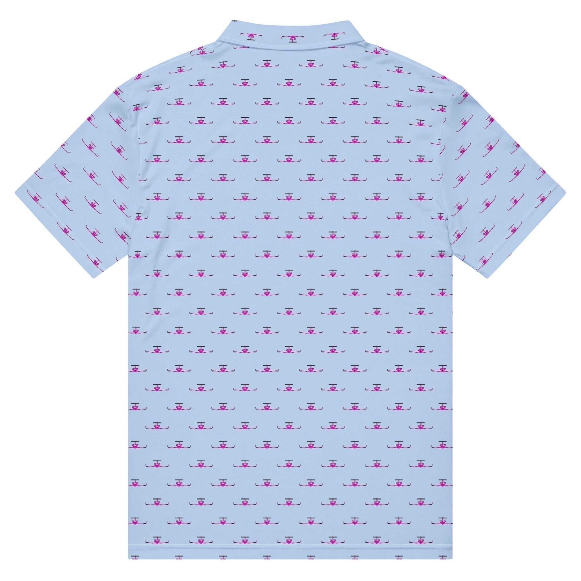 Jet slim fit polo shirt in light blue with pink pattern, slim fit, lightweight breathable fabric, white button placket, short sleeves, back view