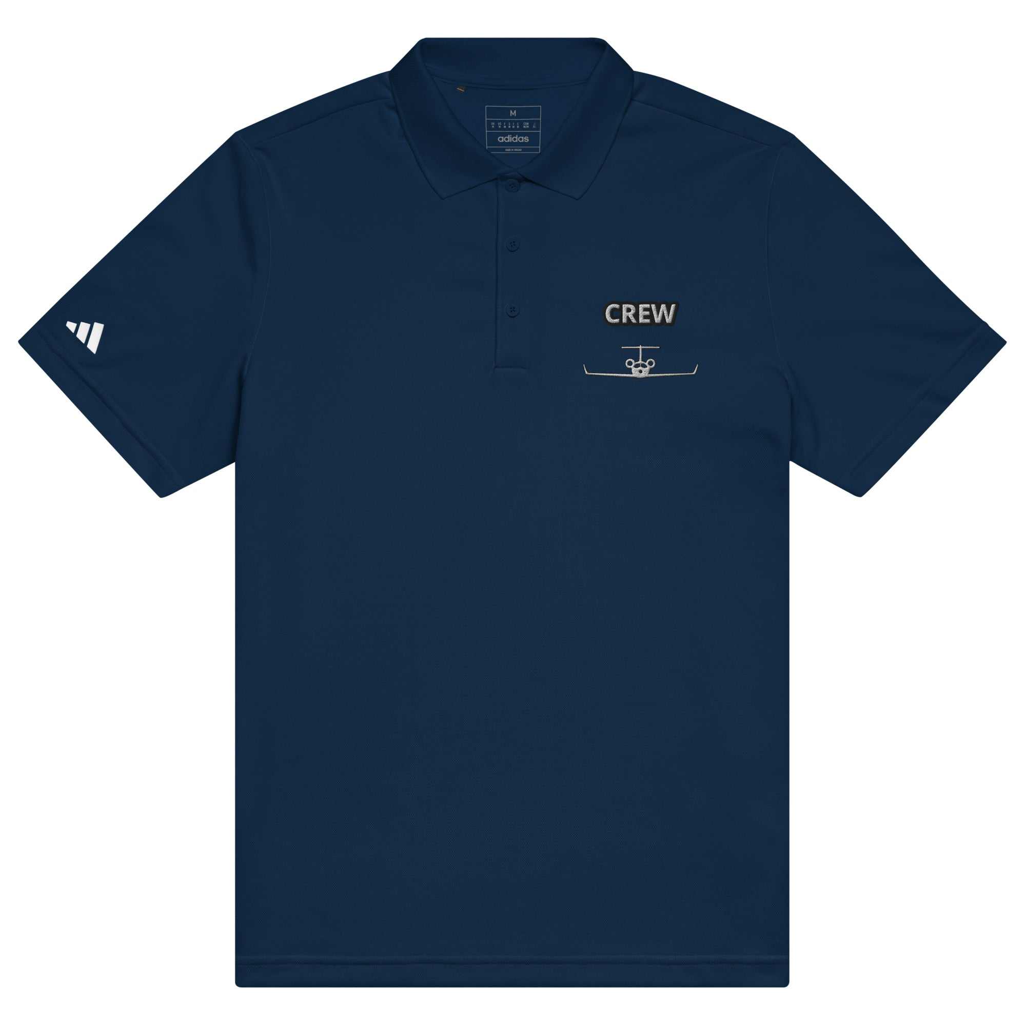 Jet Set Crew Adidas sport polo in navy blue made from 100% recycled polyester with hydrophilic finish and contrast logo on sleeve