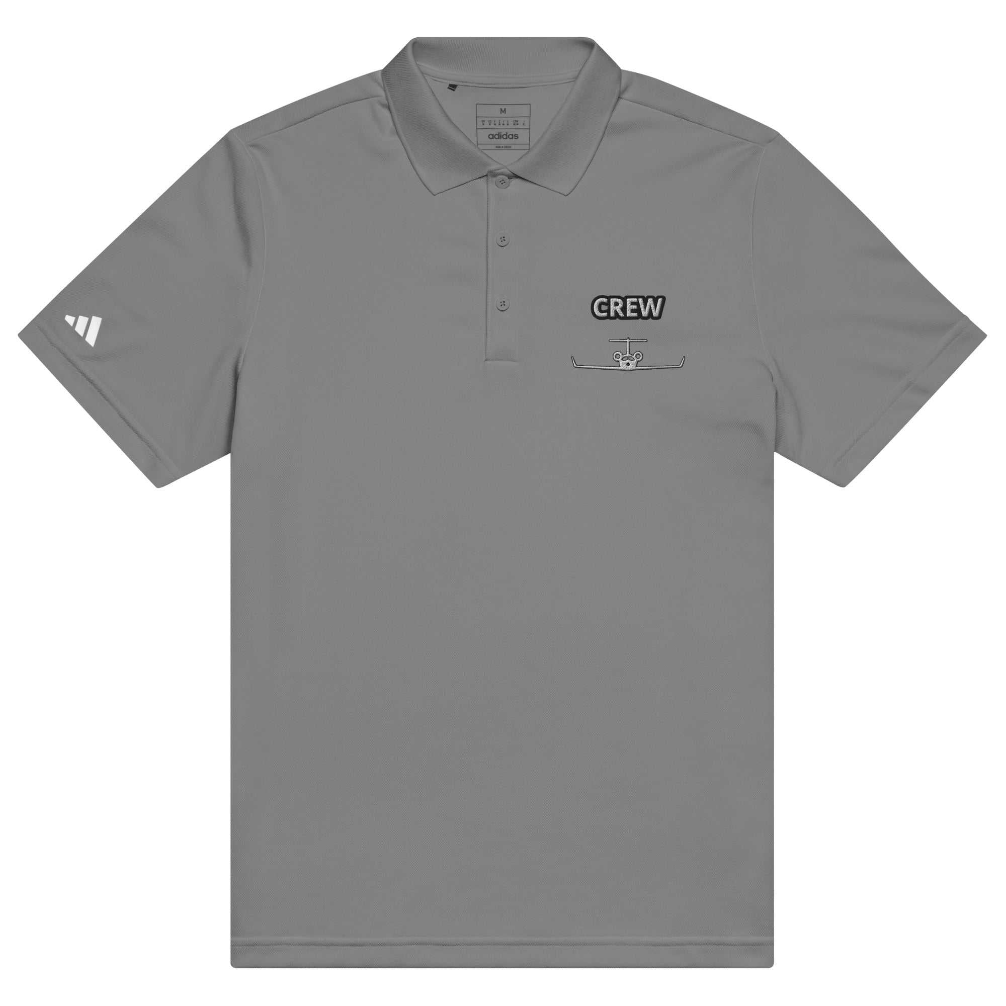 Jet Set Crew Adidas sport polo in gray, made from 100% recycled polyester piqué with hydrophilic finish and logo details.