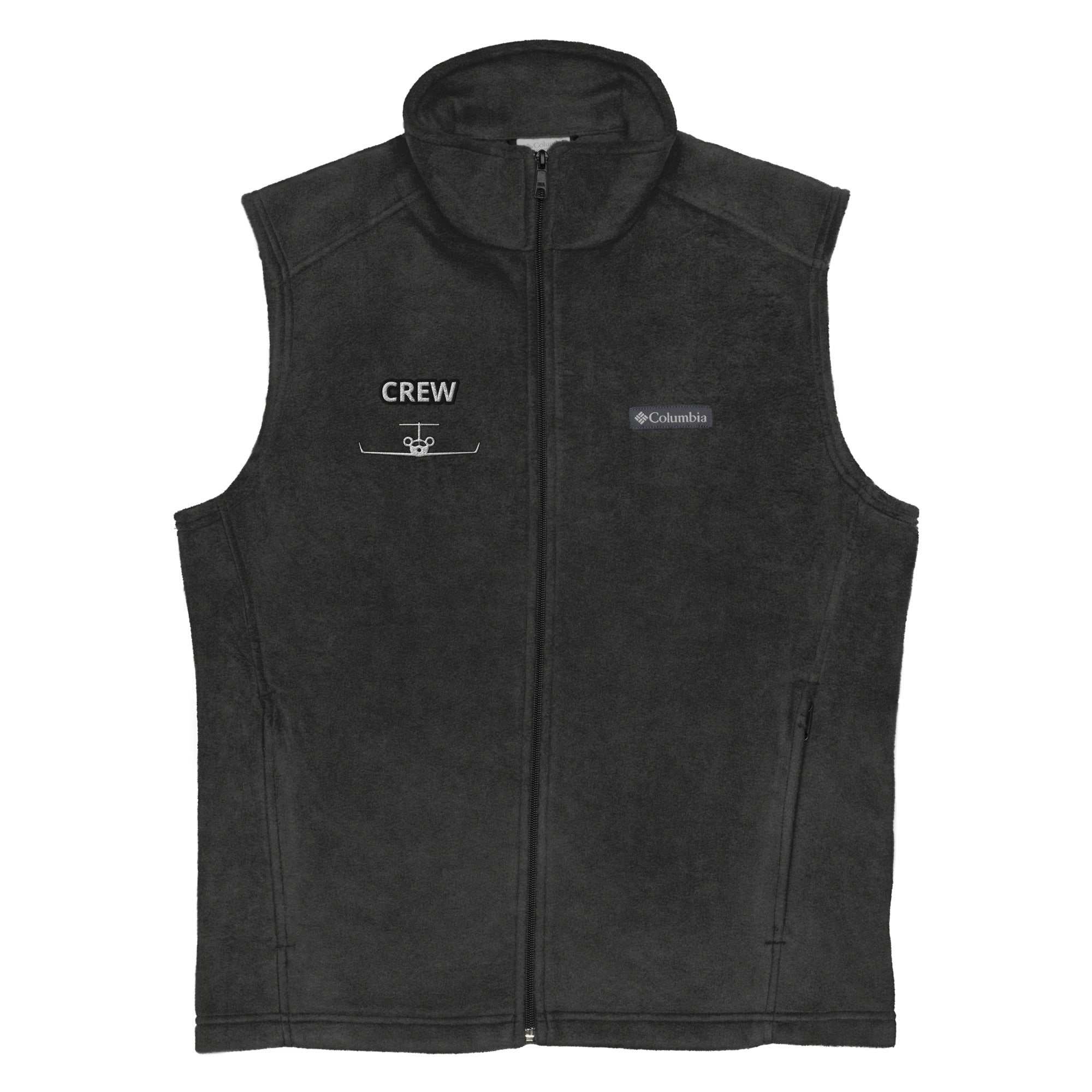 Black men’s Columbia fleece vest with zippered pockets and crew embroidery