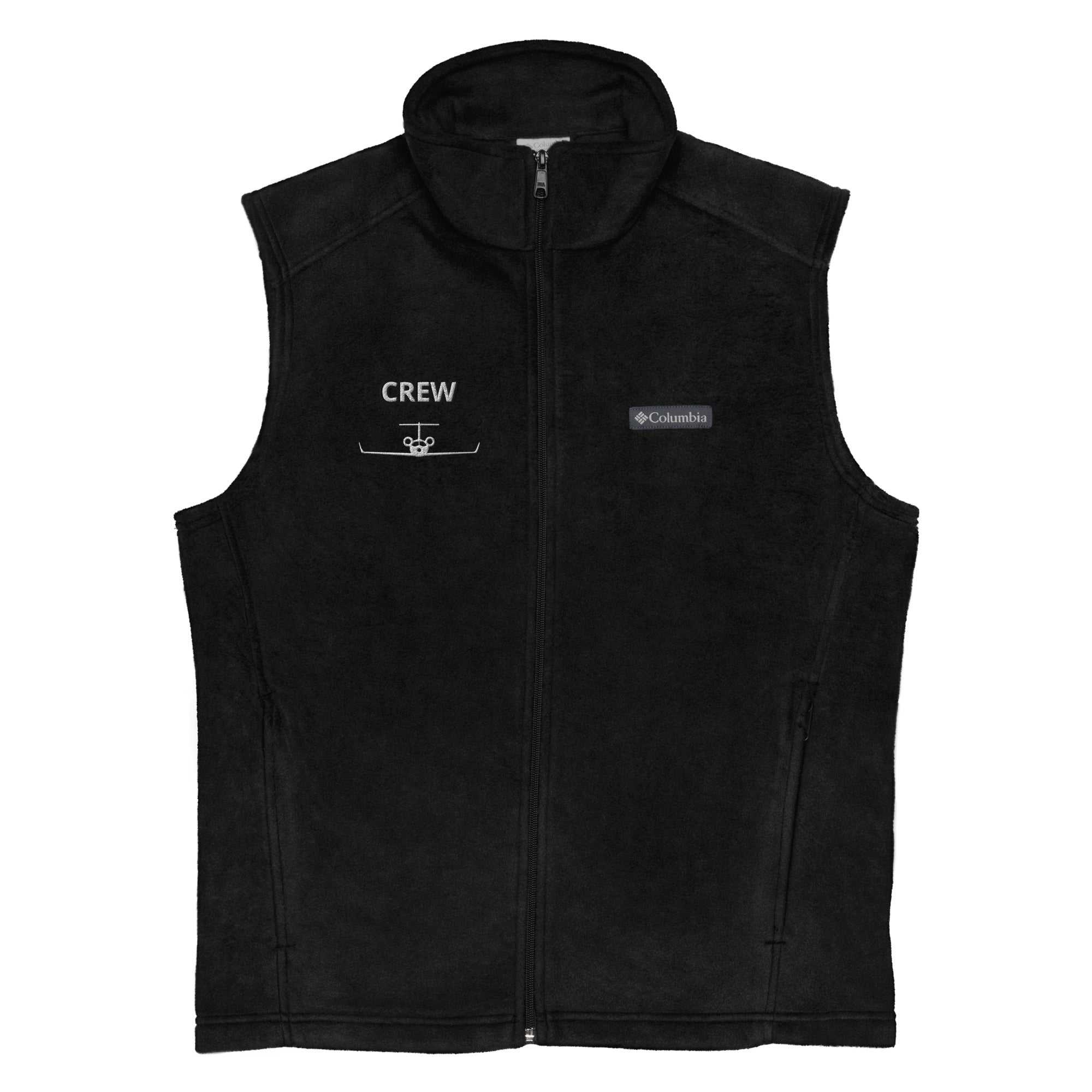 Black Columbia fleece vest for men with zippered pockets and crew embroidery