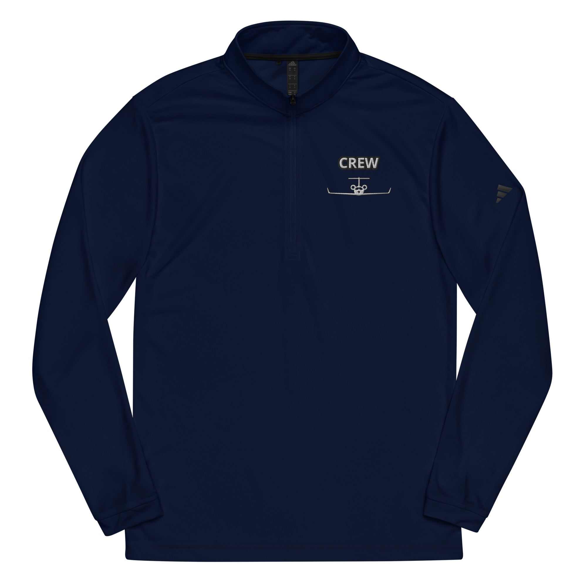 Jet Set Crew Quarter zip pullover in navy blue with crew logo and quarter zip front, lightweight and sweat-wicking eco-friendly fabric