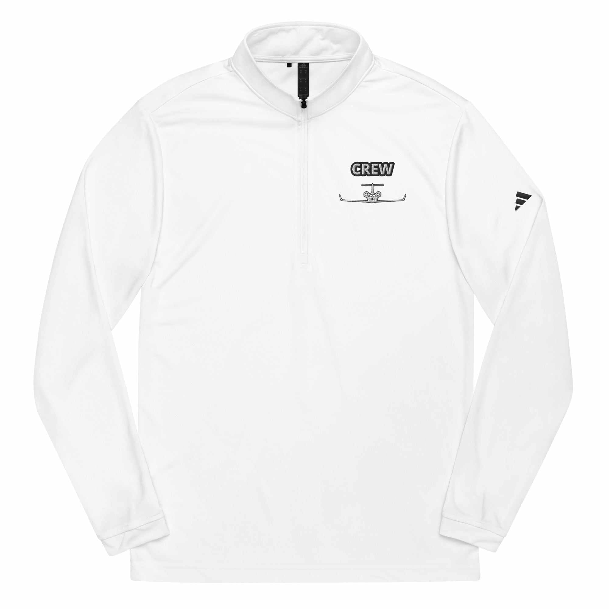 White Jet Set Crew Quarter zip pullover with black "CREW" logo and Adidas logo on sleeve, made of lightweight recycled polyester with sweat-wicking and UPF 50+ protection.