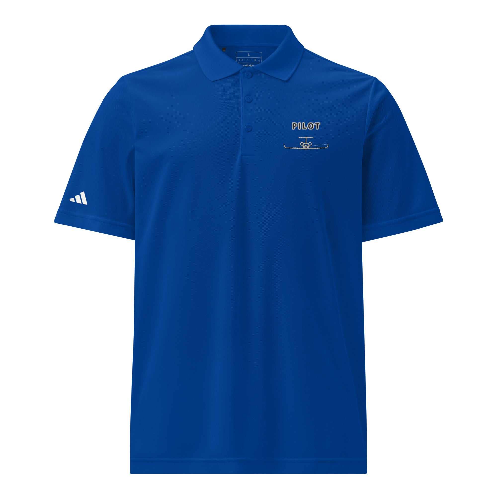 blue pilot shirts short sleeve Adidas sport polo made from recycled polyester with hydrophilic finish and athletic fit