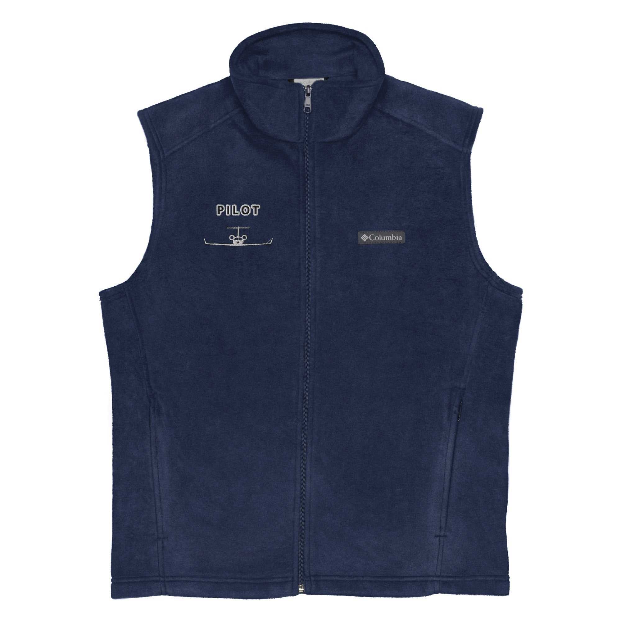 Jet Set Pilot Columbia fleece vest in navy blue with zippered pockets and logo embroidery.