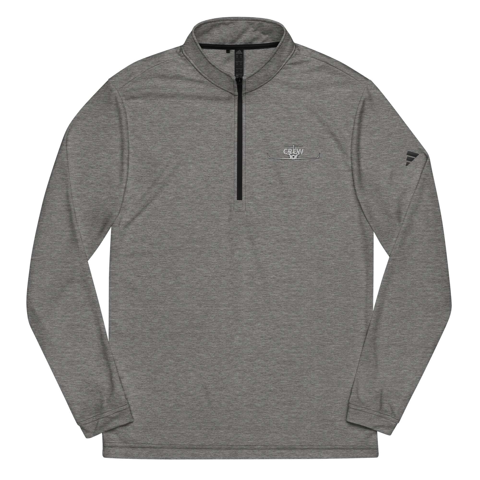 Gray quarter zip pullover made of 100% recycled polyester with sweat-wicking and UPF 50+ protection features