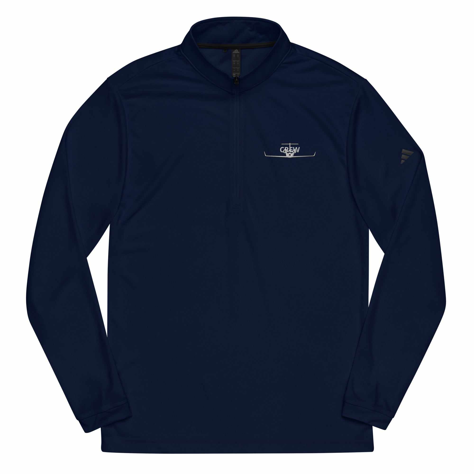 Navy blue eco-friendly quarter zip pullover with sweat-wicking fabric and UPF 50+ protection