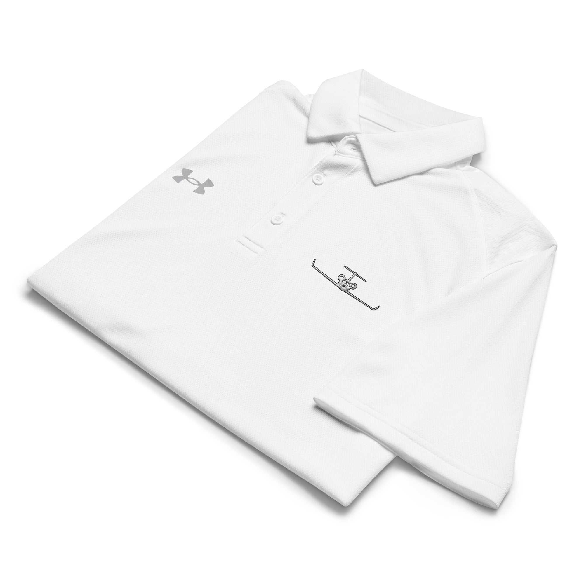 White pilot polo shirt with embroidered private jet logo, moisture-wicking performance fabric, and Under Armour logo.