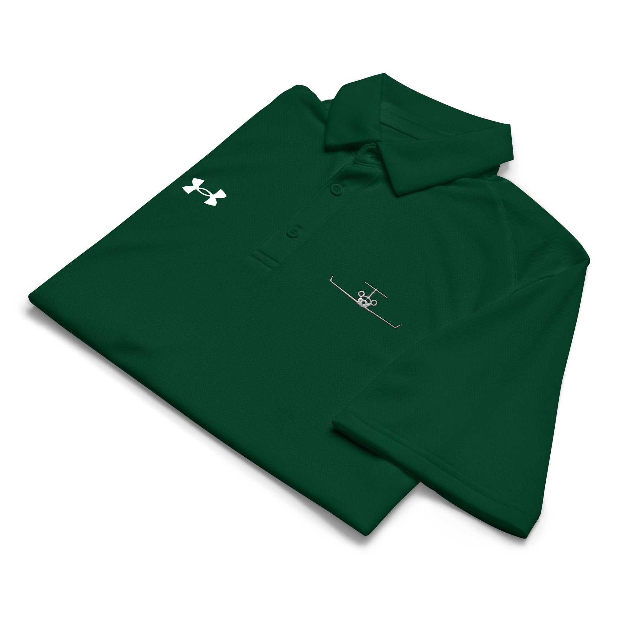 Green pilot polo shirt with embroidered private jet logo and Under Armour logo