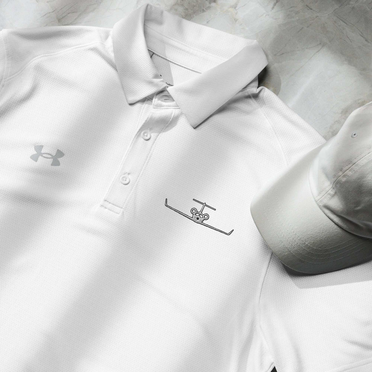 Men's pilot polo shirt with embroidered private jet logo, moisture-wicking and performance fit