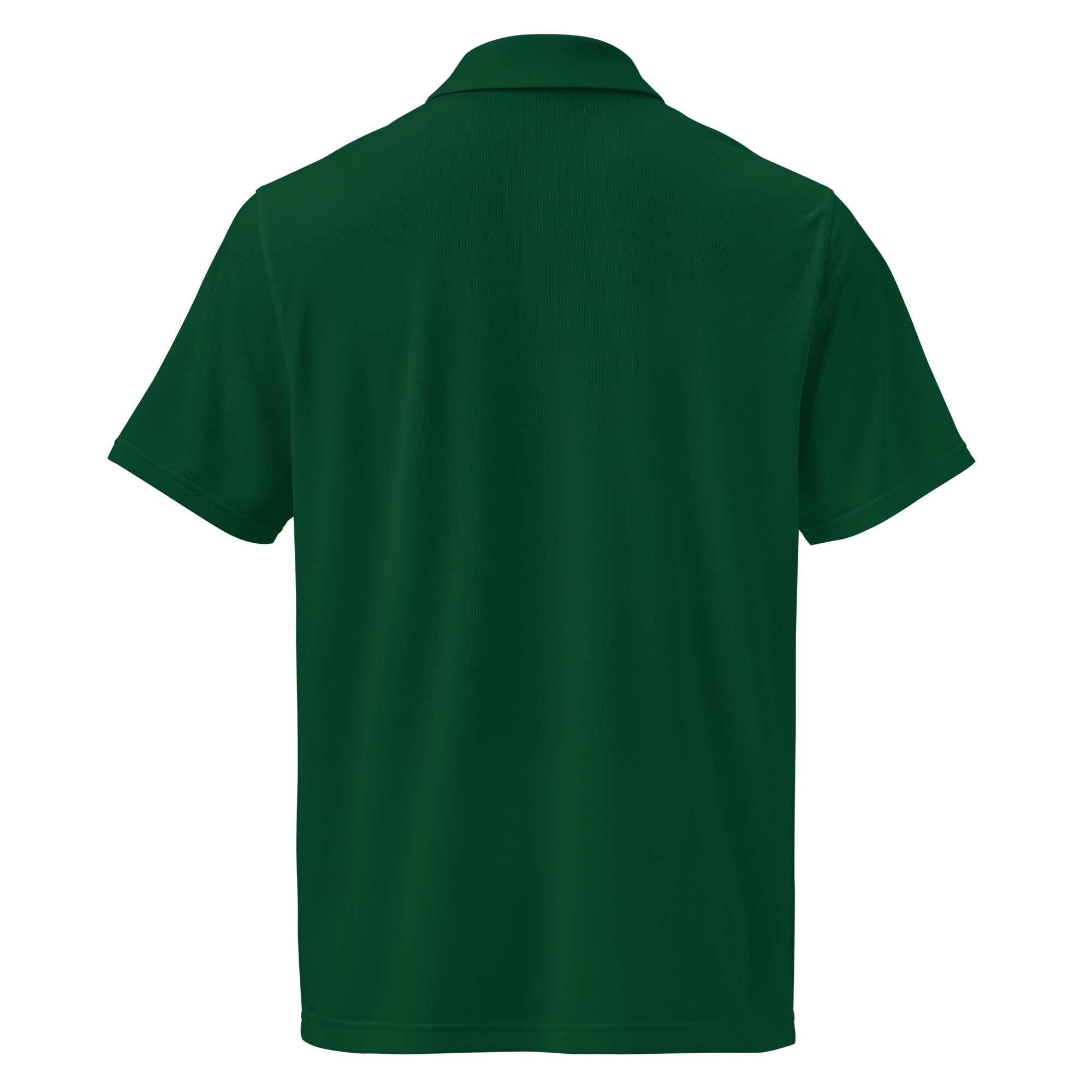 Back view of green pilot polo shirt with embroidered private jet logo and performance fit.