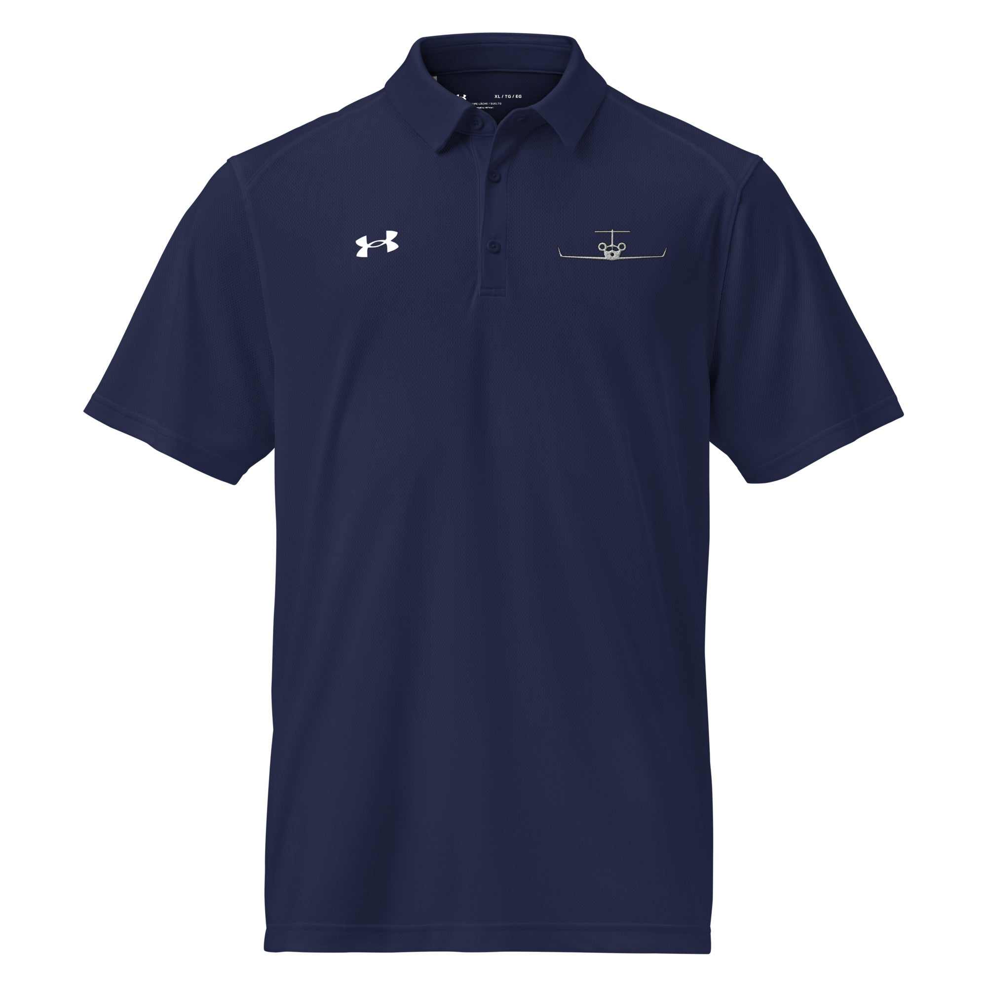Navy pilot polo shirt with embroidered private jet logo and performance fit for golf and travel
