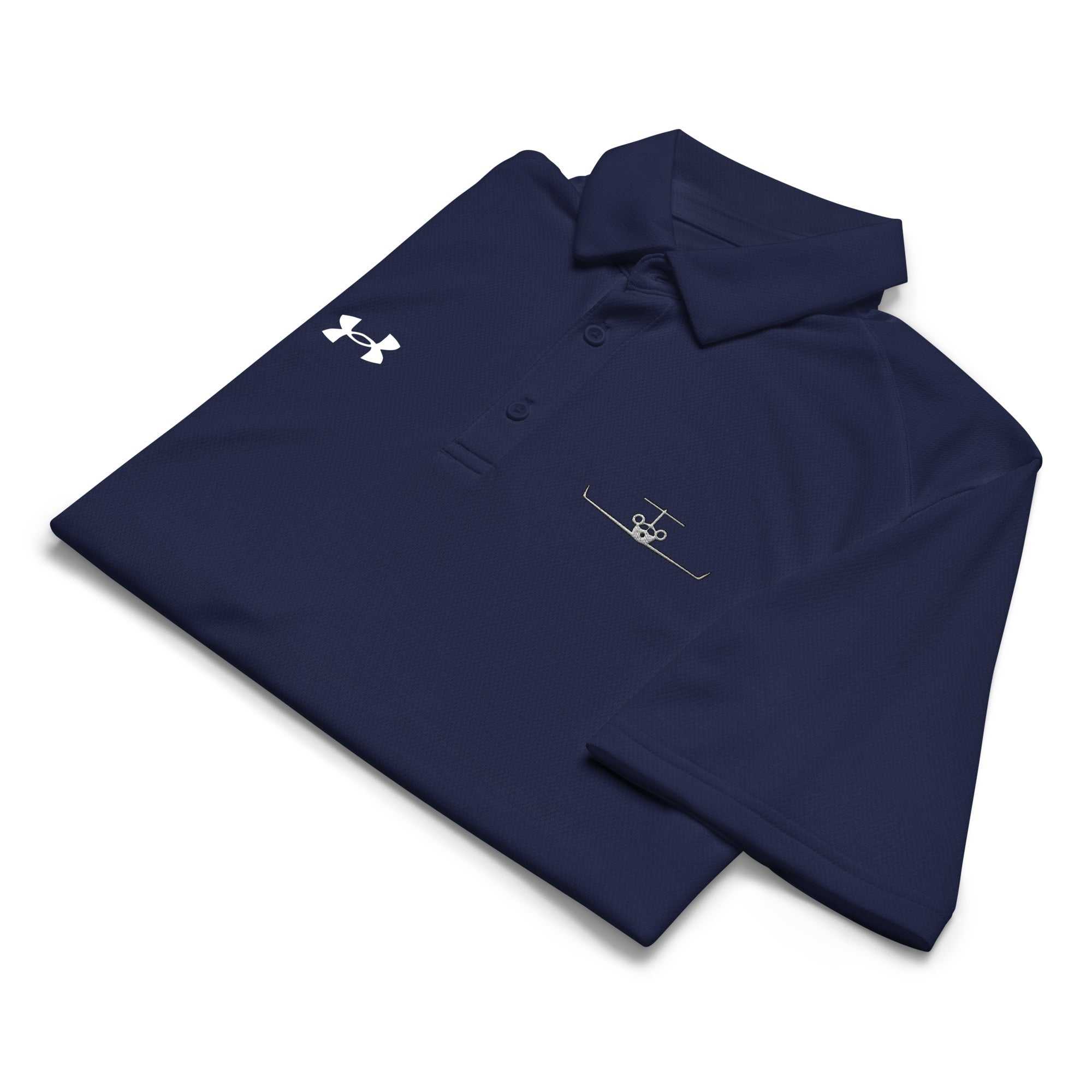 Navy pilot polo shirt with embroidered private jet logo and Under Armour logo, moisture-wicking performance fabric.