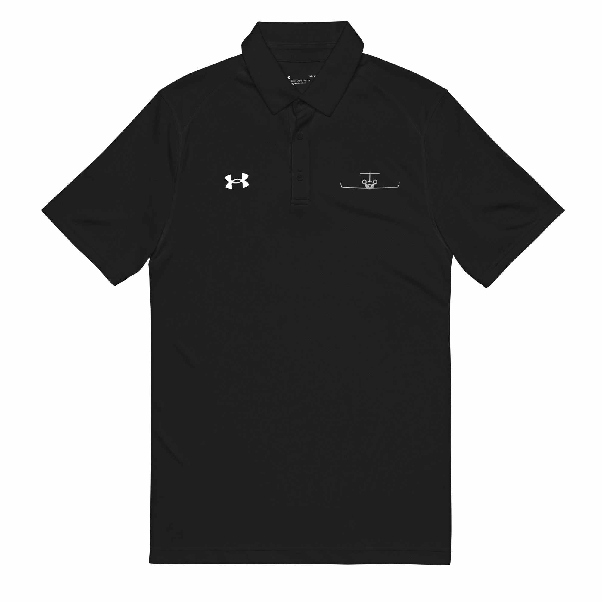 Black pilot polo shirt with embroidered private jet logo and Under Armour emblem, moisture-wicking performance fabric