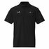 Black pilot polo shirt with embroidered private jet logo and Under Armour emblem, moisture-wicking performance fit golf and travel shirt