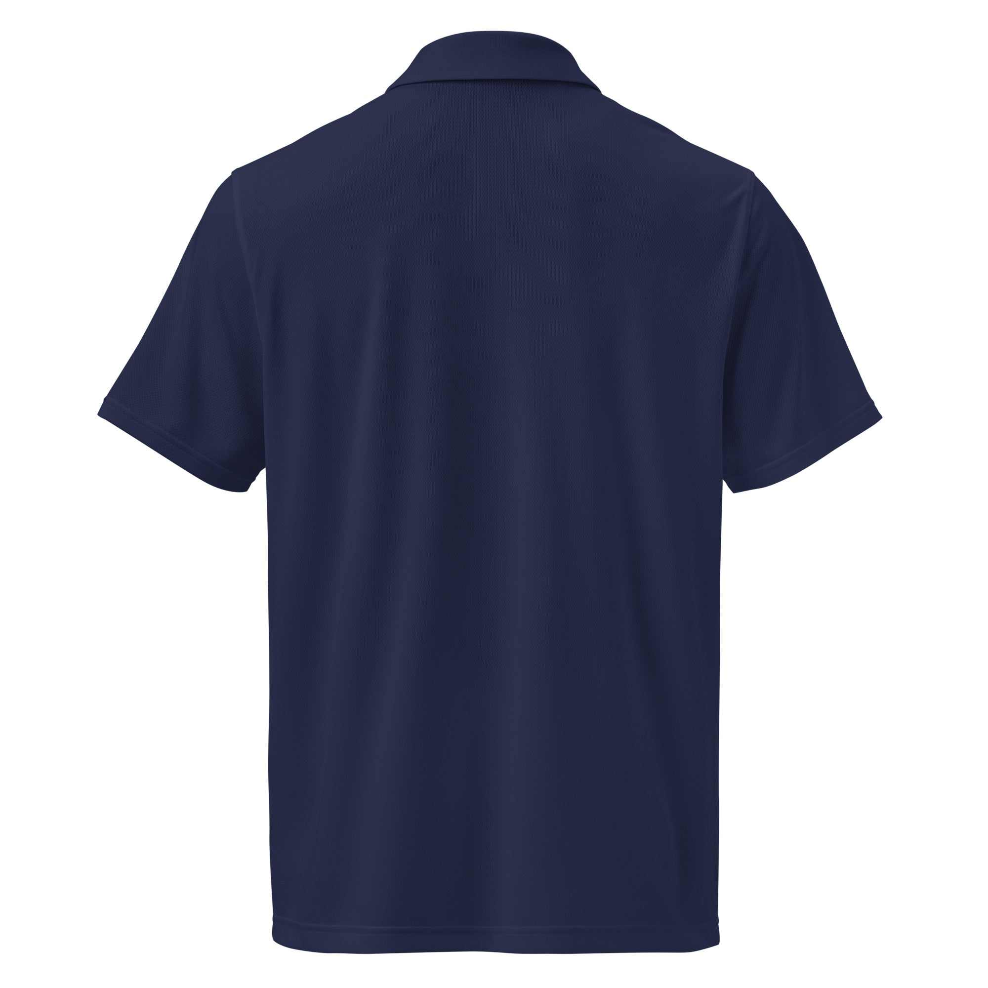 Navy pilot polo shirt with embroidered private jet logo, moisture-wicking performance fit golf and travel tee