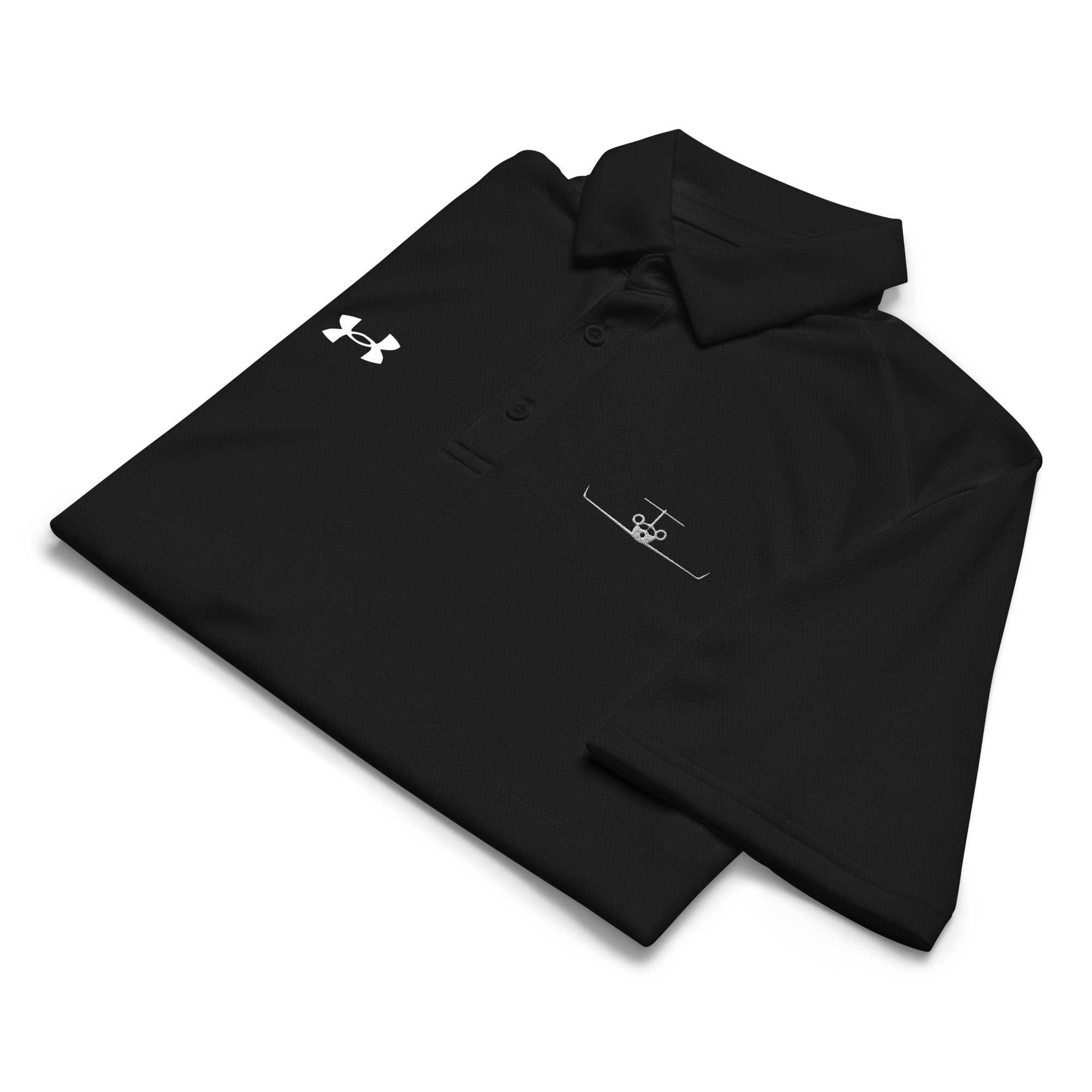 Black performance polo shirt with embroidered private jet logo and Under Armour logo