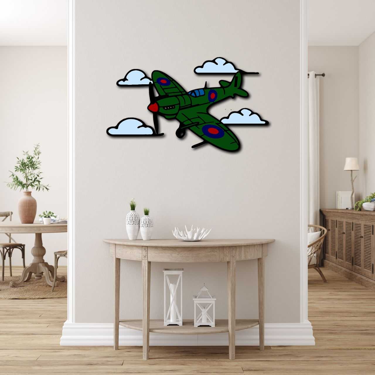 Multicolor metal sign featuring Spitfire airplane and clouds wall art for indoor and outdoor decor