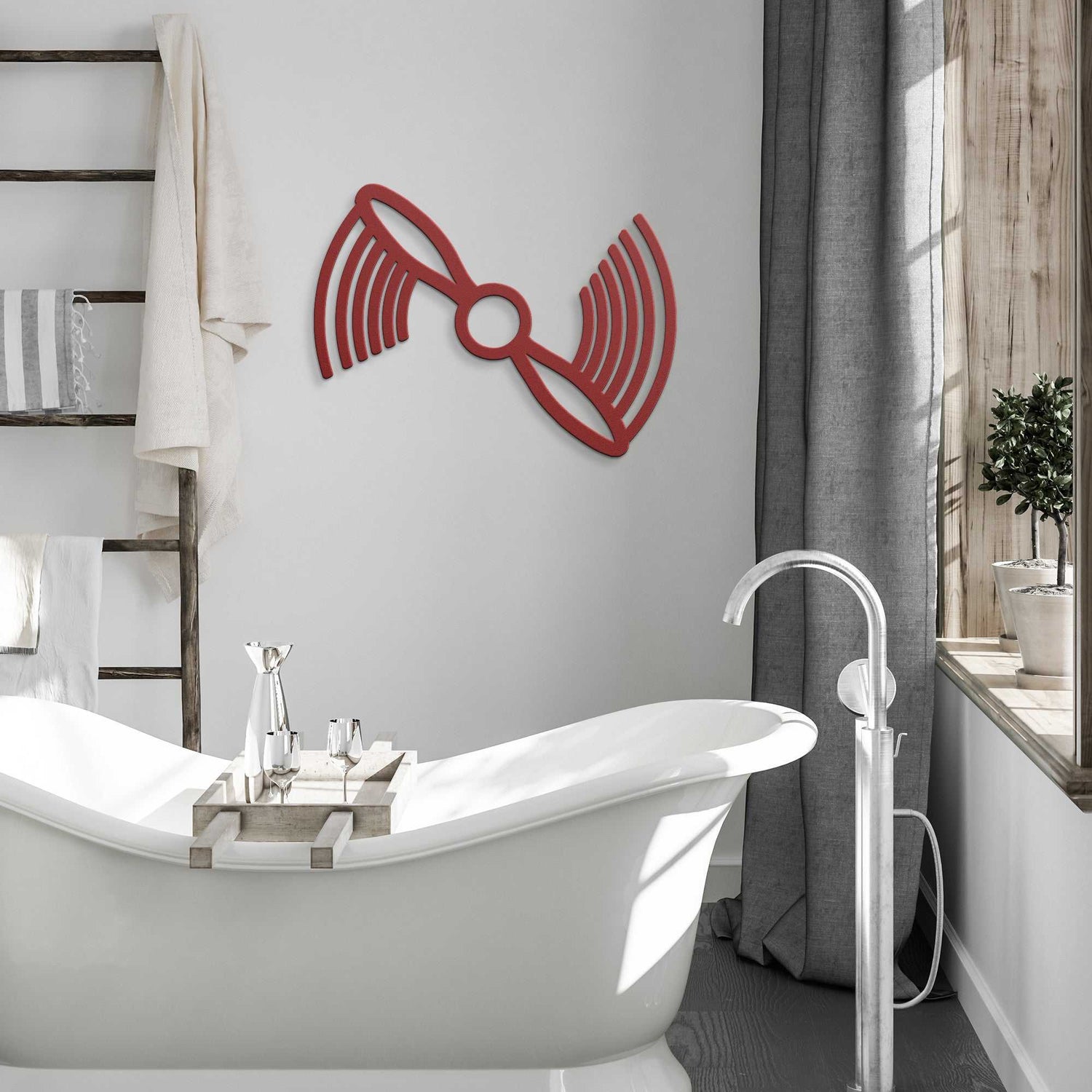 Red propeller metal wall art decoration in modern bathroom interior