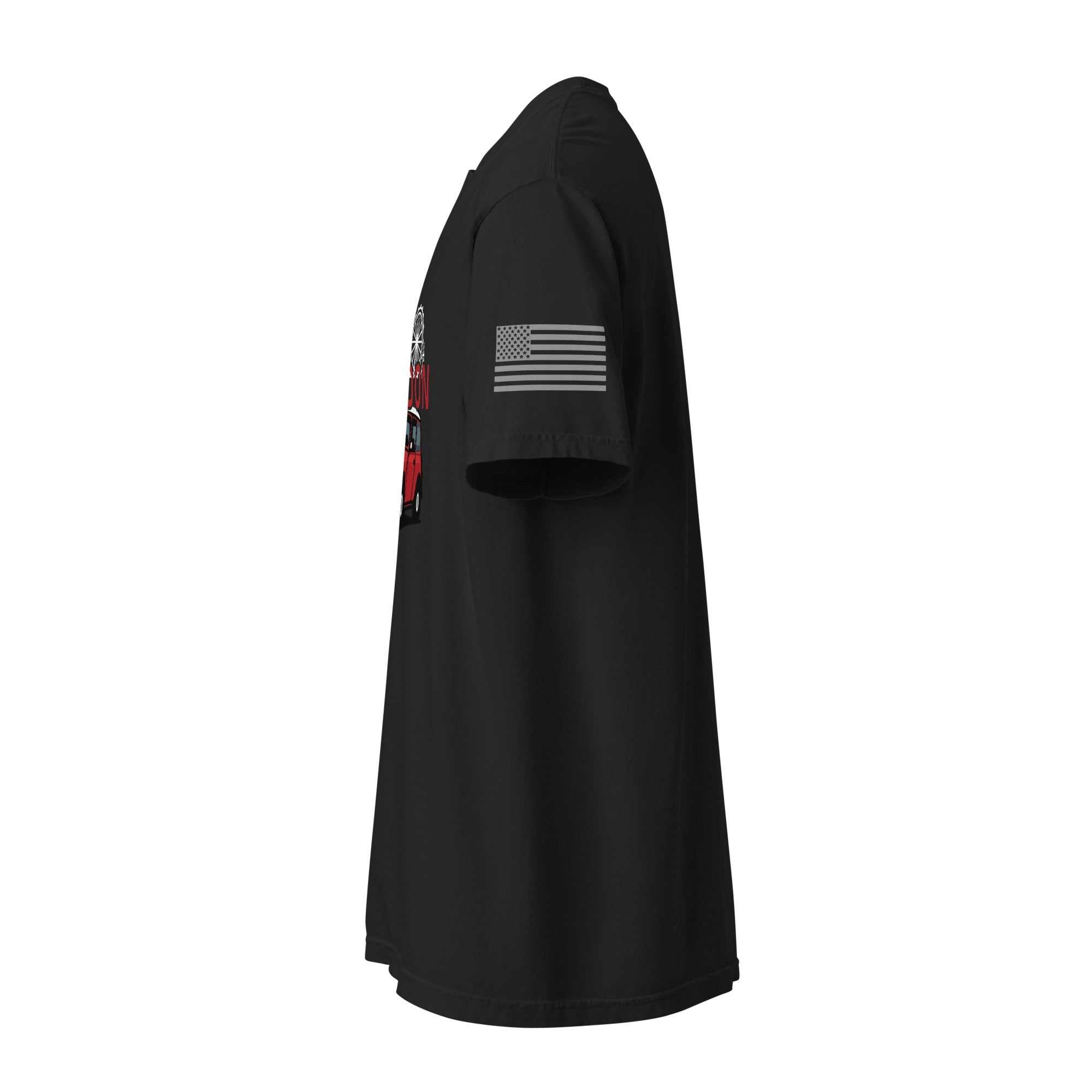 Side view of black London Car T-Shirt with British vintage car design and American flag on sleeve