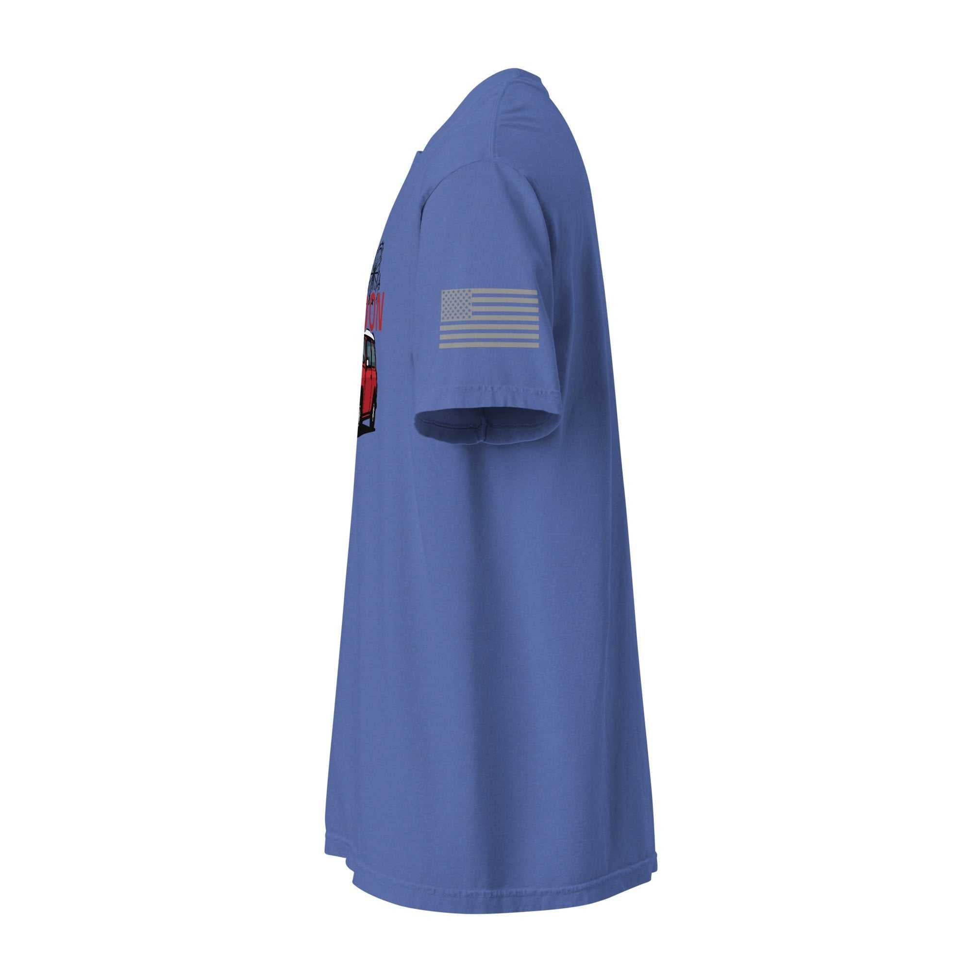 Side view of blue London Car T-Shirt with vintage British motoring design and American flag print on sleeve