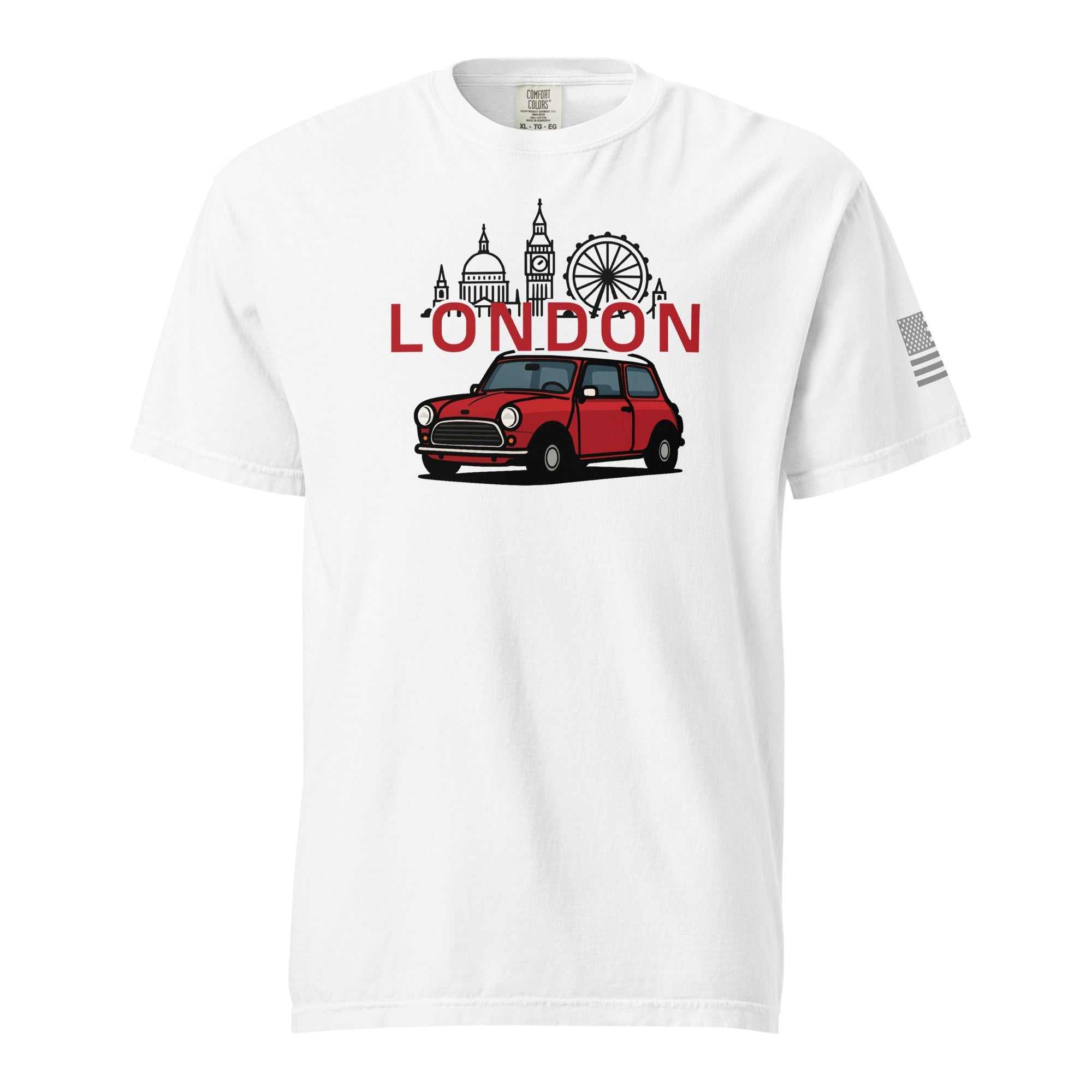 White London Car T-shirt with red classic car and London skyline illustration, made from soft cotton