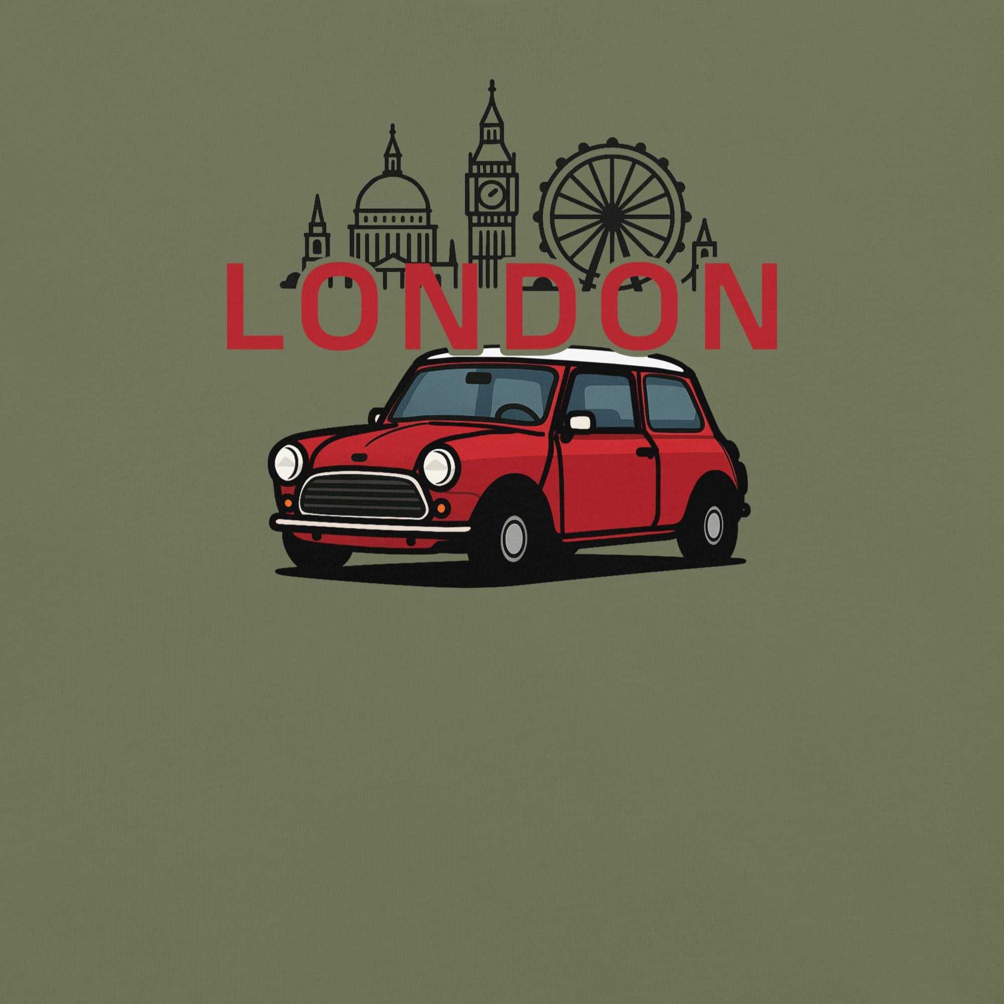 London Car T-Shirt with vintage red classic car and London skyline illustration on olive green background