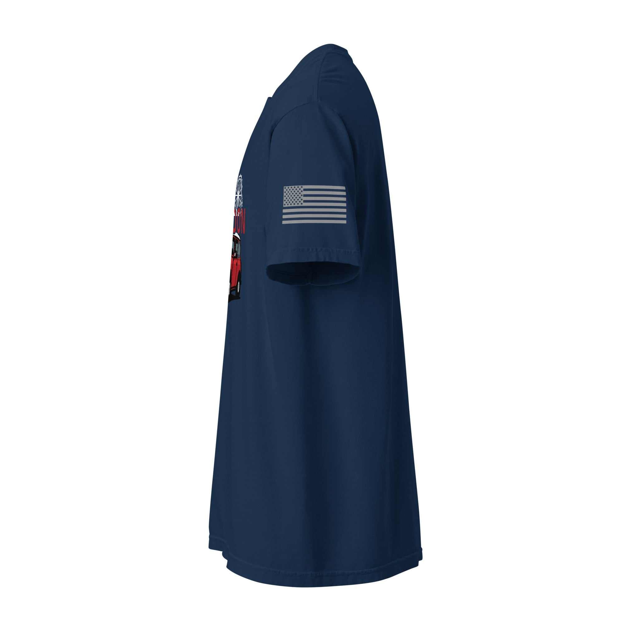 Side view of navy London Car T-Shirt with American flag on sleeve and vintage car graphic design