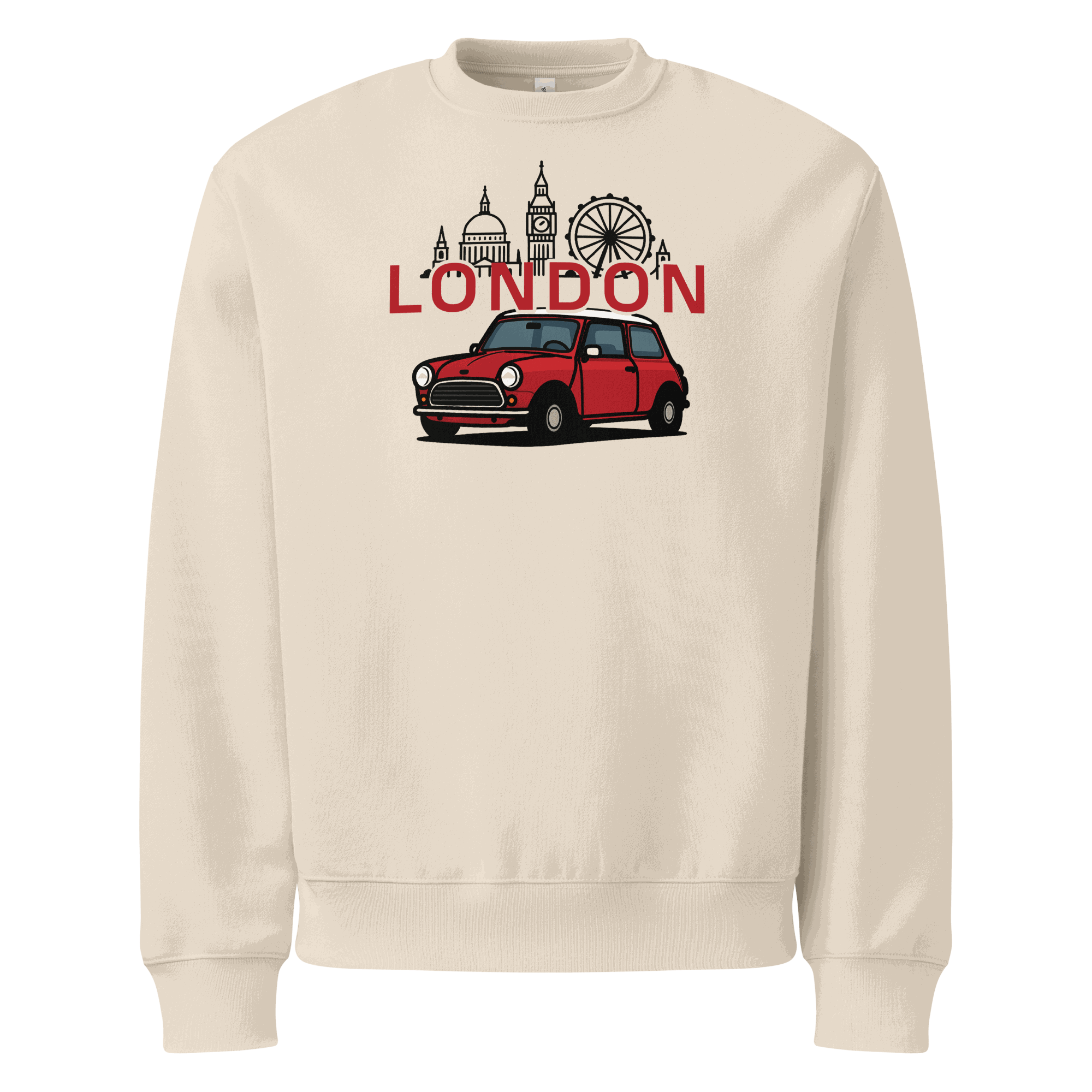 London Cruising Sports Car Sweatshirt with red classic car and London skyline design on beige background