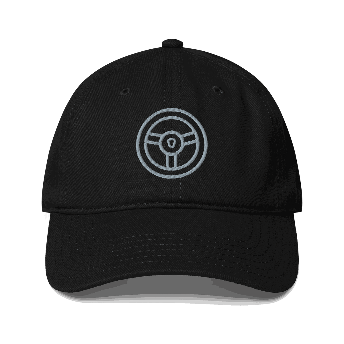 Black automotive steering wheel hat with embroidered steering wheel emblem and curved visor