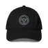 Black low-profile automotive hat with embroidered steering wheel logo and adjustable strap