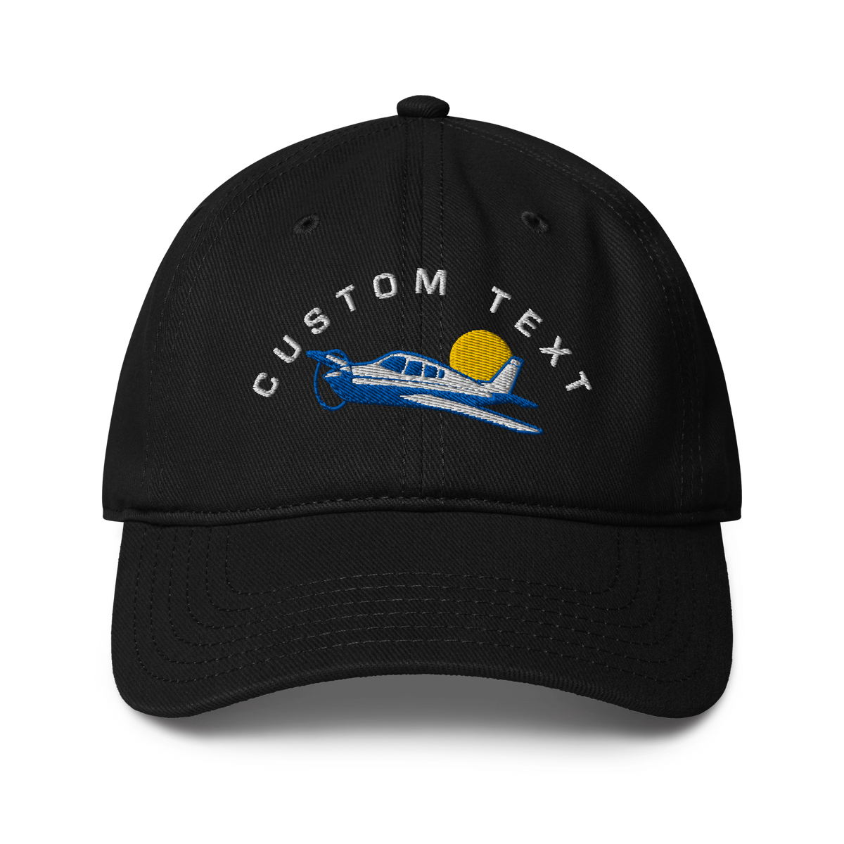 Black cap with airplane and sun design and 'Custom Text' text on a white background