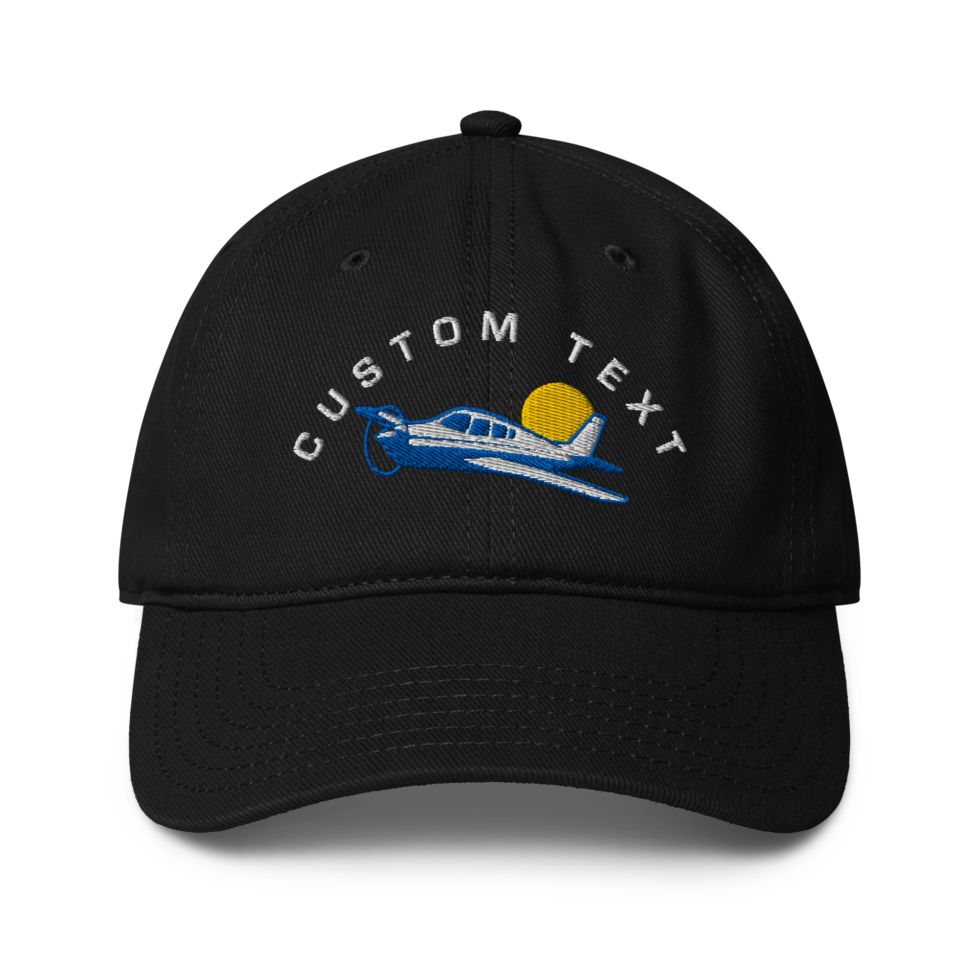 Black cap with airplane and sun design and &
