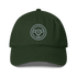 Green low-profile automotive hat with embroidered steering wheel logo and adjustable strap