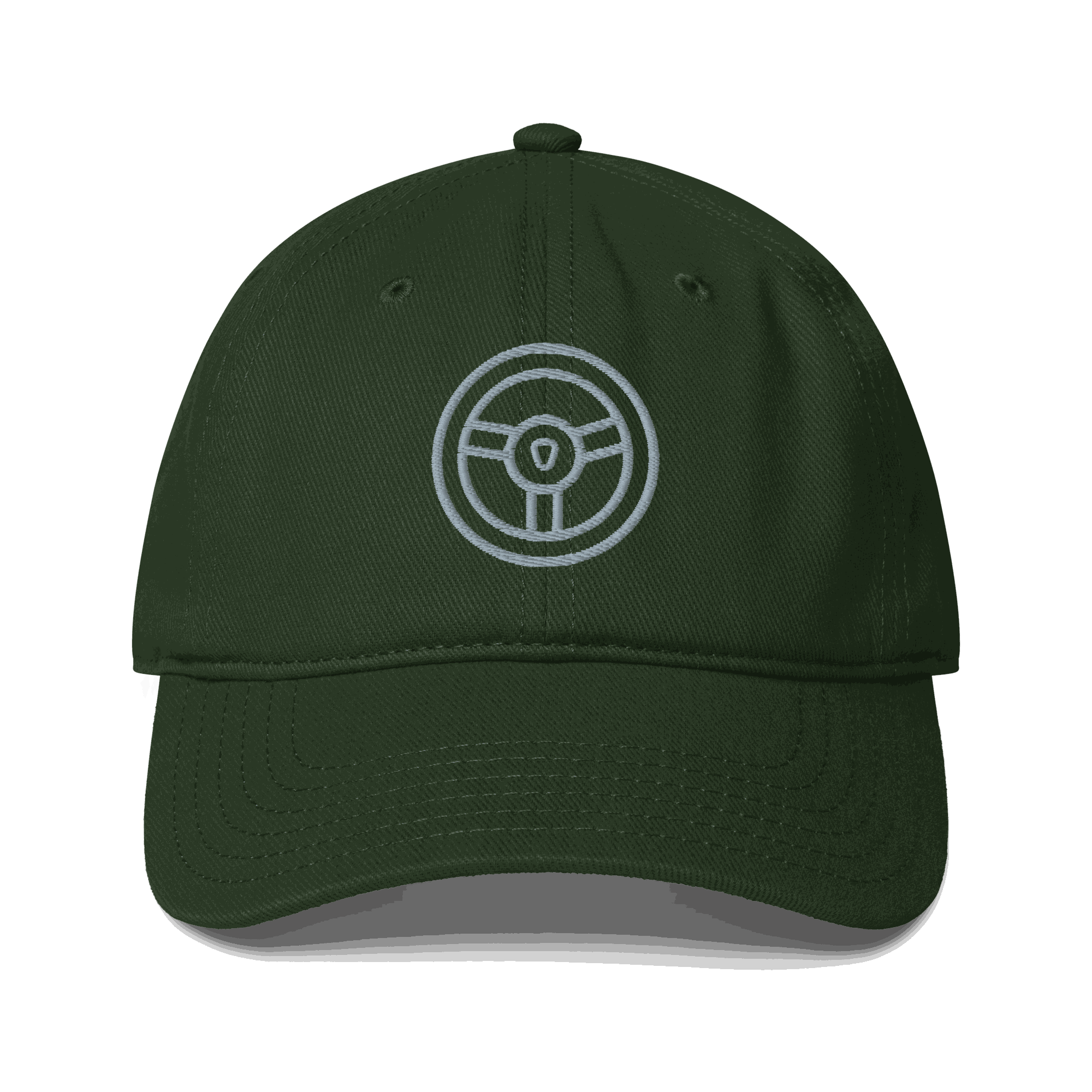 Dark green automotive steering wheel hat with embroidered steering wheel emblem and curved visor