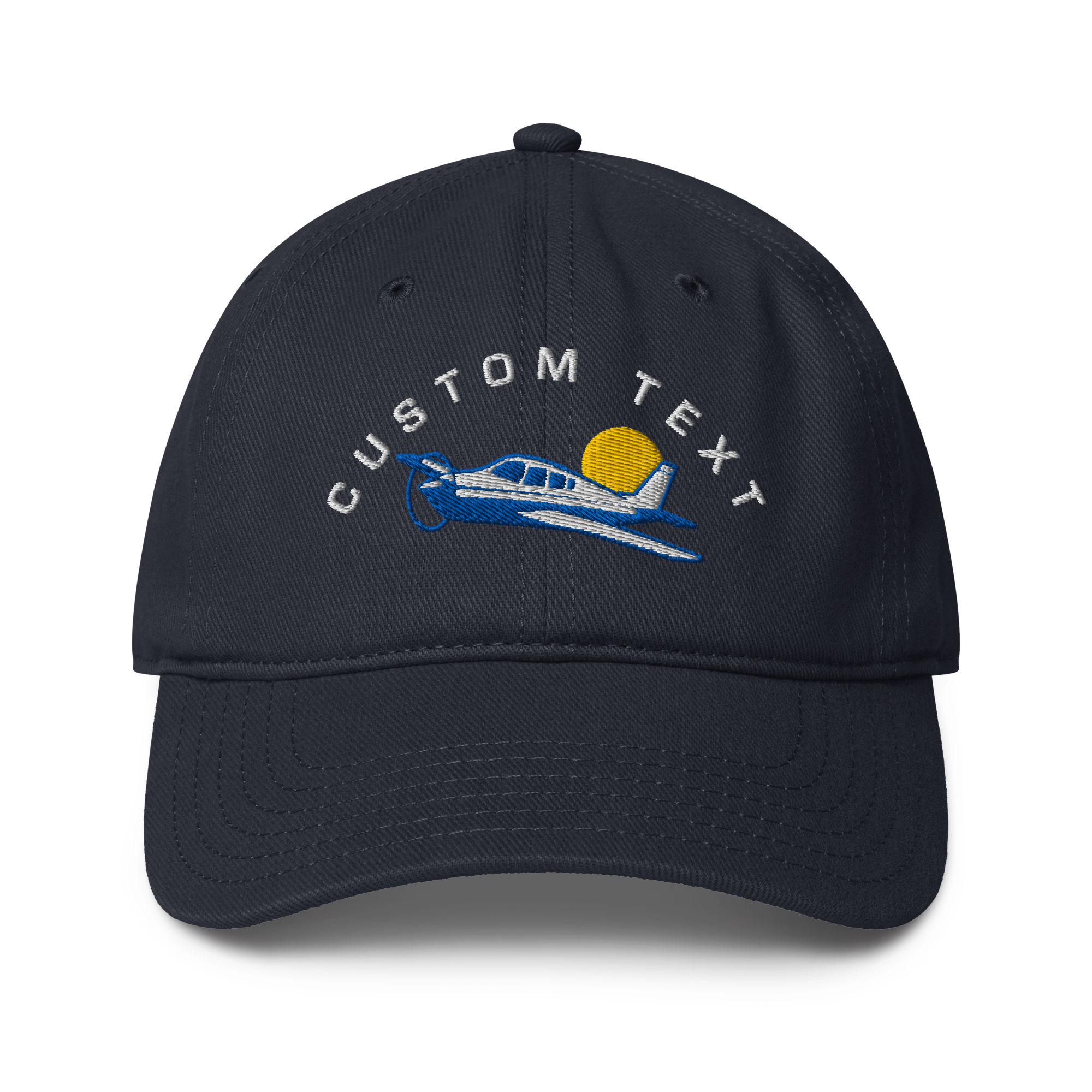 Navy blue cap with airplane and sun design on a white background