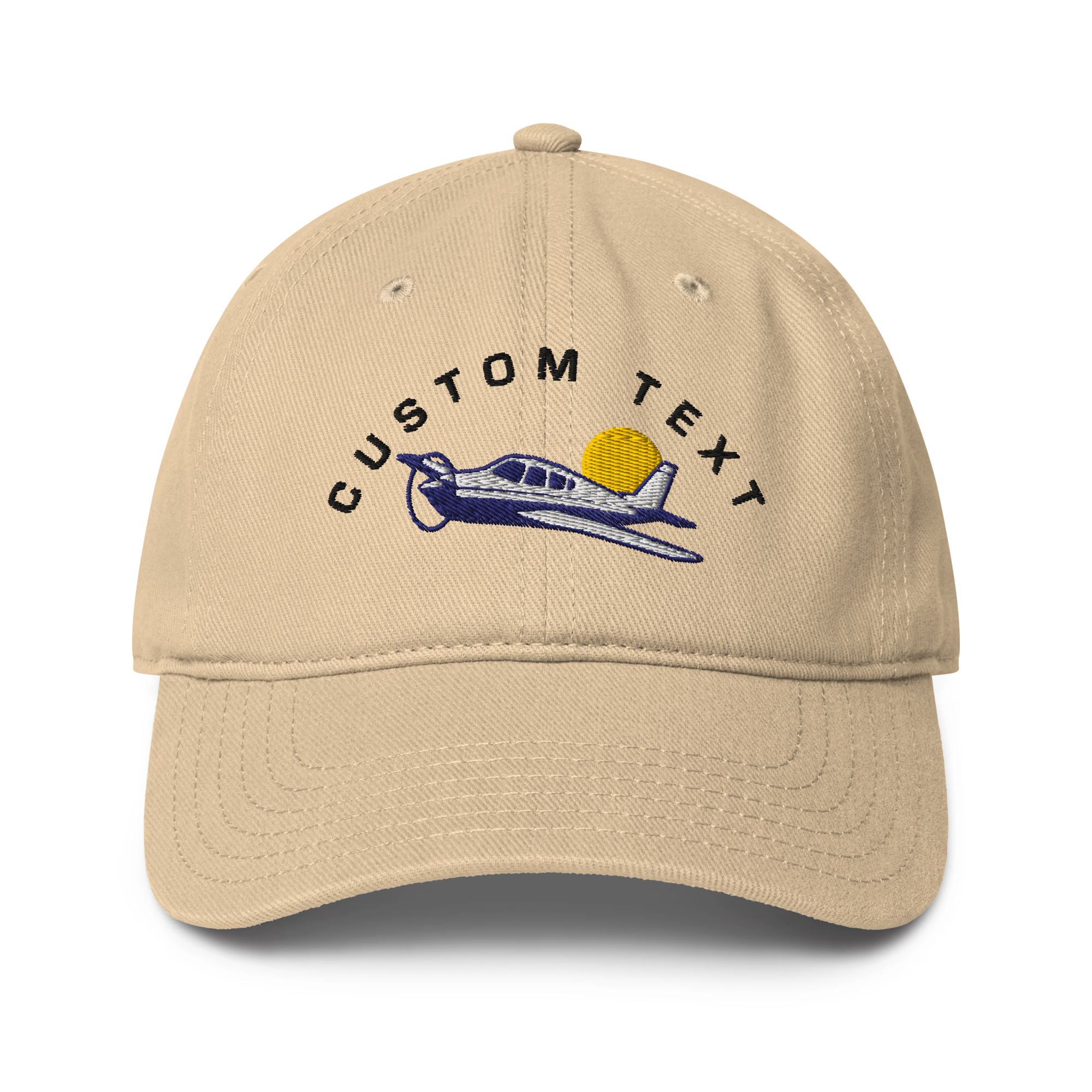 Beige cap with airplane and sun design on a white background