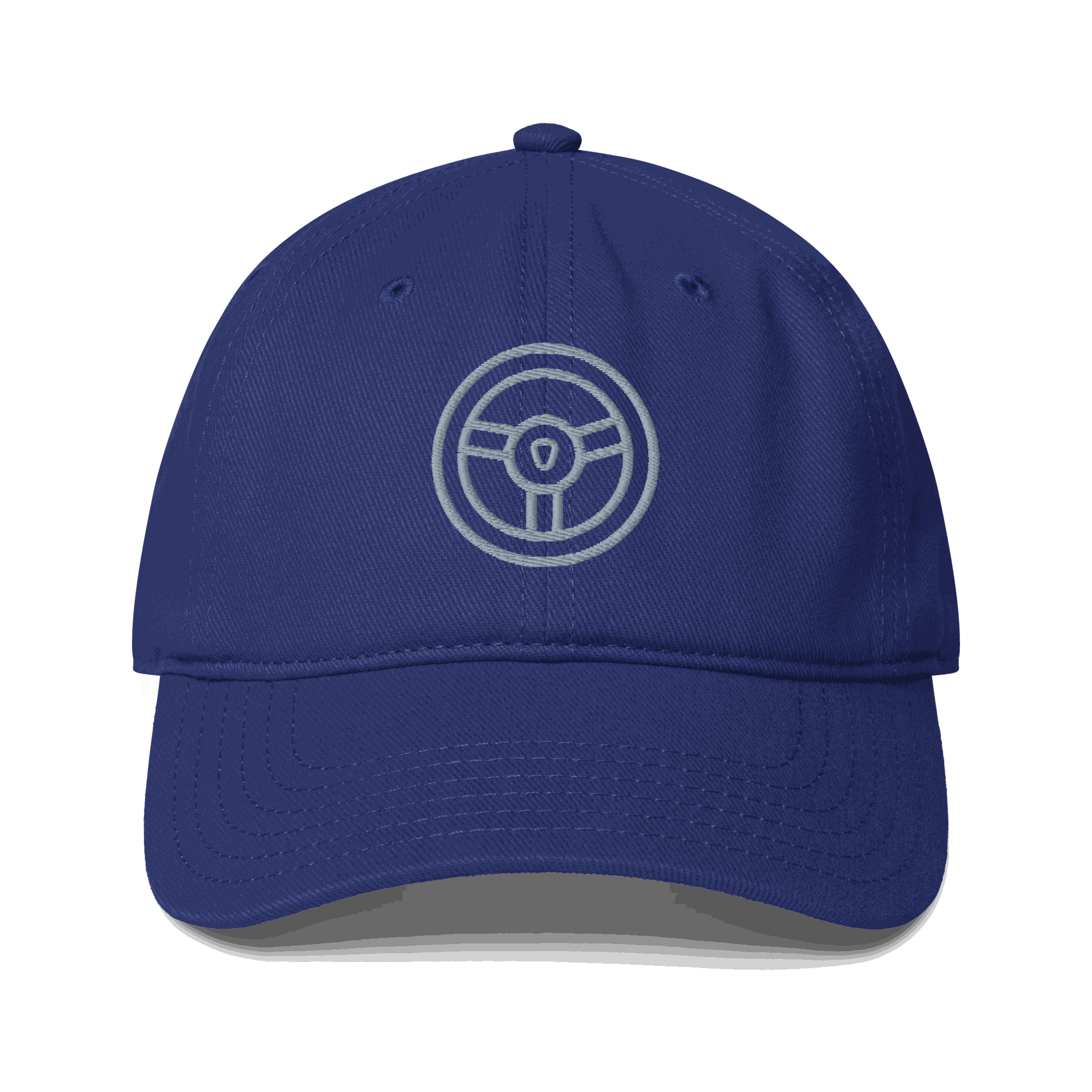 Blue automotive steering wheel hat with embroidered steering wheel emblem and curved visor
