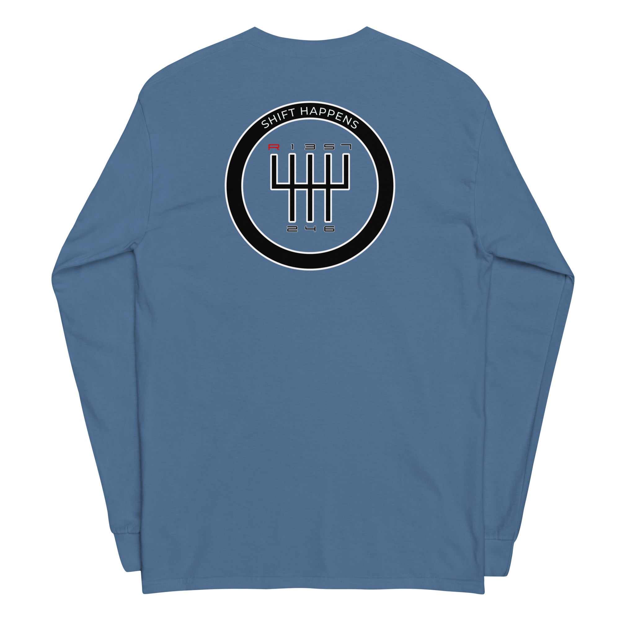 Blue Shift Happens long sleeve t-shirt with gear shift graphic on the back