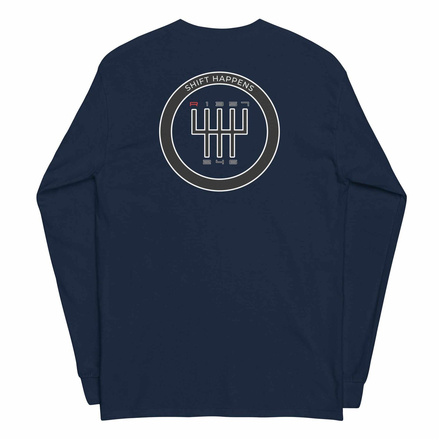 Shift Happens Long Sleeve T-Shirt navy with gear shift graphic and ribbed cuffs