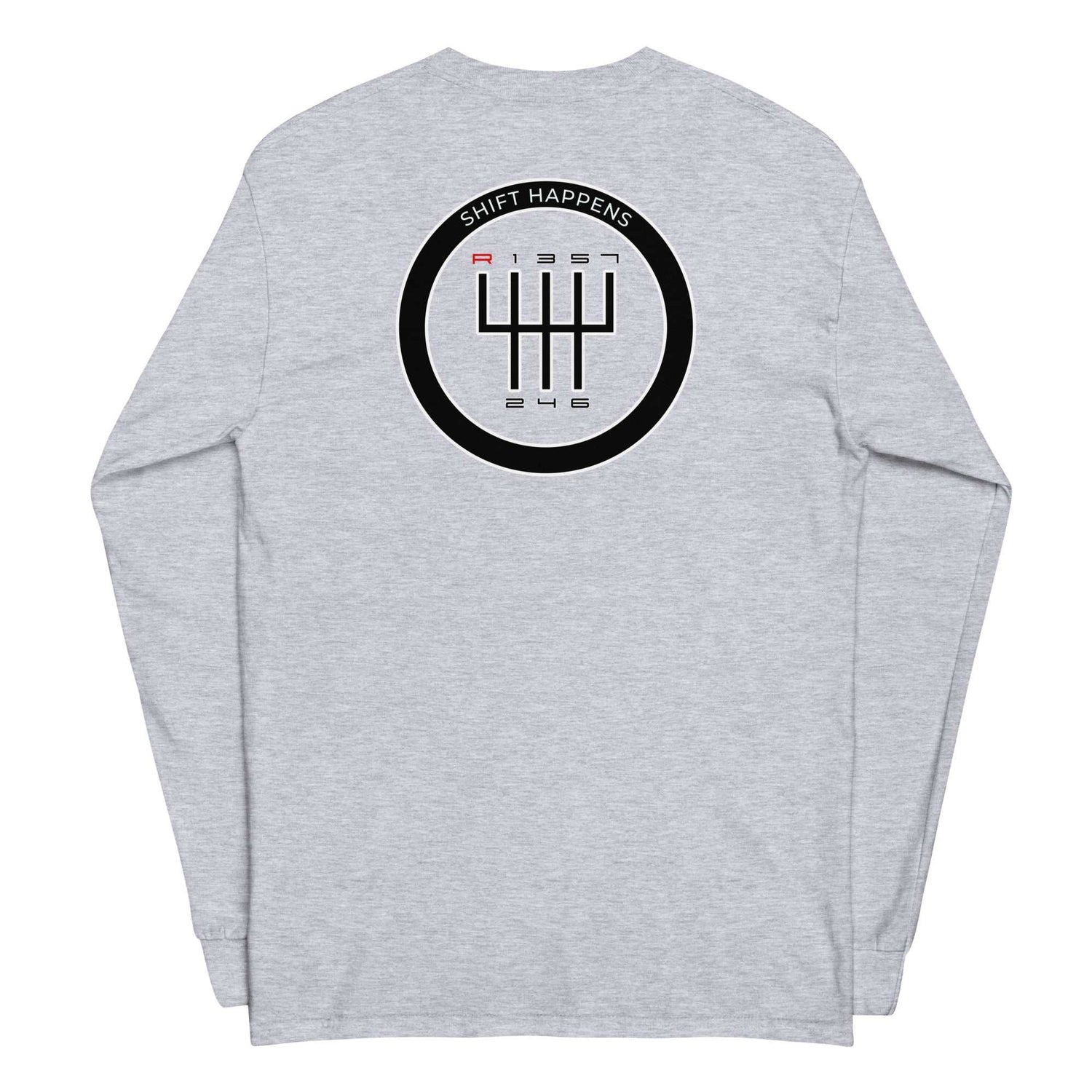 Shift Happens Long Sleeve T-Shirt in sport grey with gear shift graphic and ribbed cuffs
