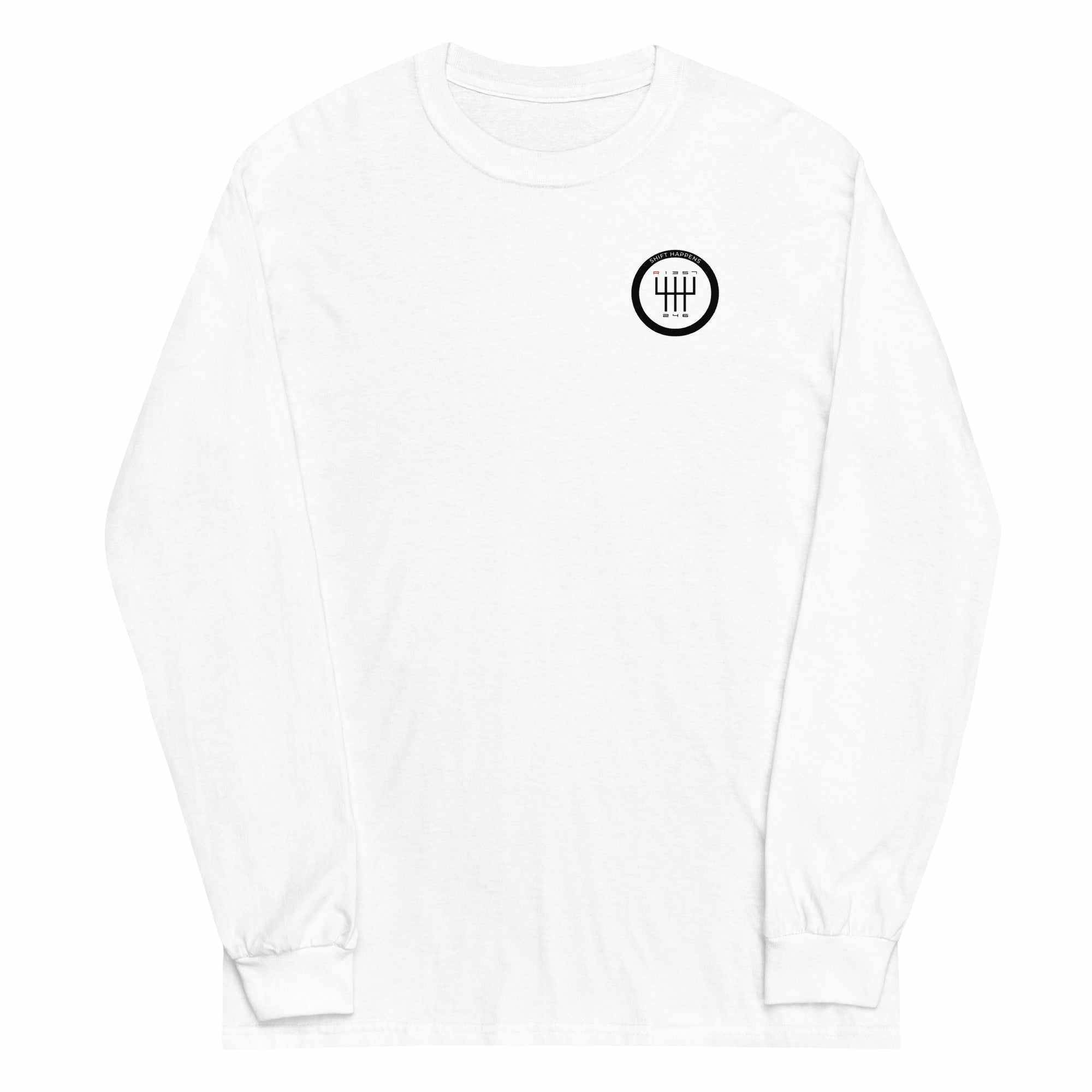 White Shift Happens long sleeve T-shirt with black gear shift icon on chest, classic fit, ribbed cuffs, 100% cotton.